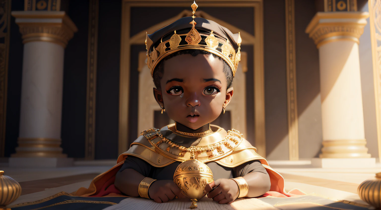 Baby Black King in front of his palace, Mansa Musa, ultrarrealista | |, altamente detalhado, hyper realistic, Perfect artwork, master part, melhor qualidade, alto, layered lighting -- 4K