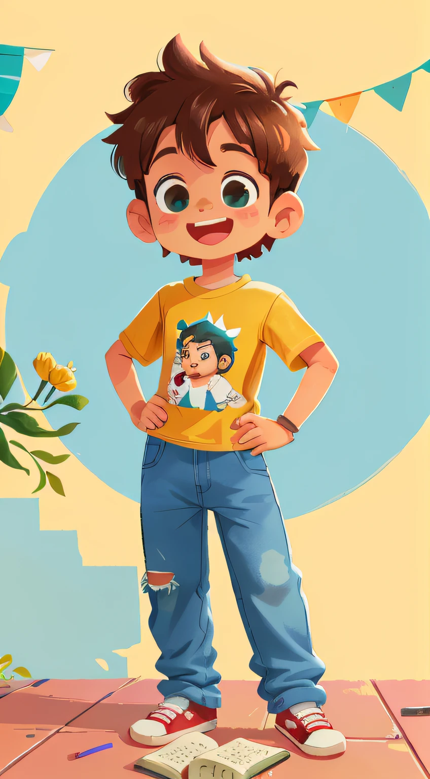 Um menino, boy, 4 anos, corpo inteiro, sorrindo, olhos castanho claro brilhante, cabelo curto castanho claro, Denim Jeans Pants, camiseta cor branco, olhando para fa camera, moreno, Brazilian child, olhos castanhos, cilios grandes, facing the full body camera, tenis skate,, feliz, feliz, qualidade perfeita, foco claro (desordem - casa: 0.8), (obra-prima: 1.2) (realista: 1.2) (bokeh) (melhor qualidade) (pele detalhada: 1.3) (detalhes intrincados) (8K) (olhos de detalhe) (foco nítido), (feliz)