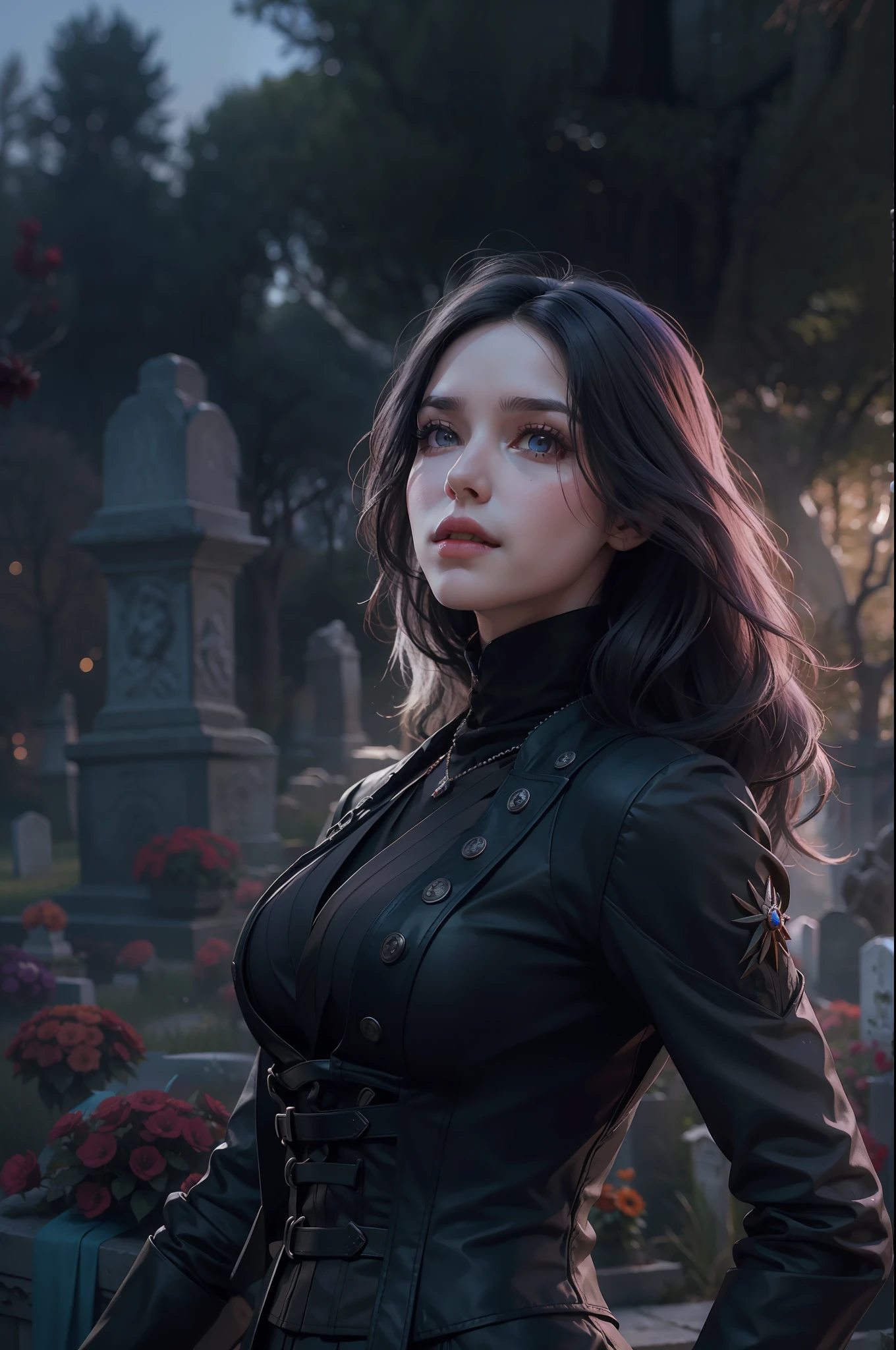 Mulher bonita que lembra Yennefer de The Witcher com longos cabelos pretos e olhos violetas brilhantes, obra prima, ultra qualidade, 8k, cabelos caindo sobre seus ombros, in the background a cemetery, She's wearing a black suit and tie..