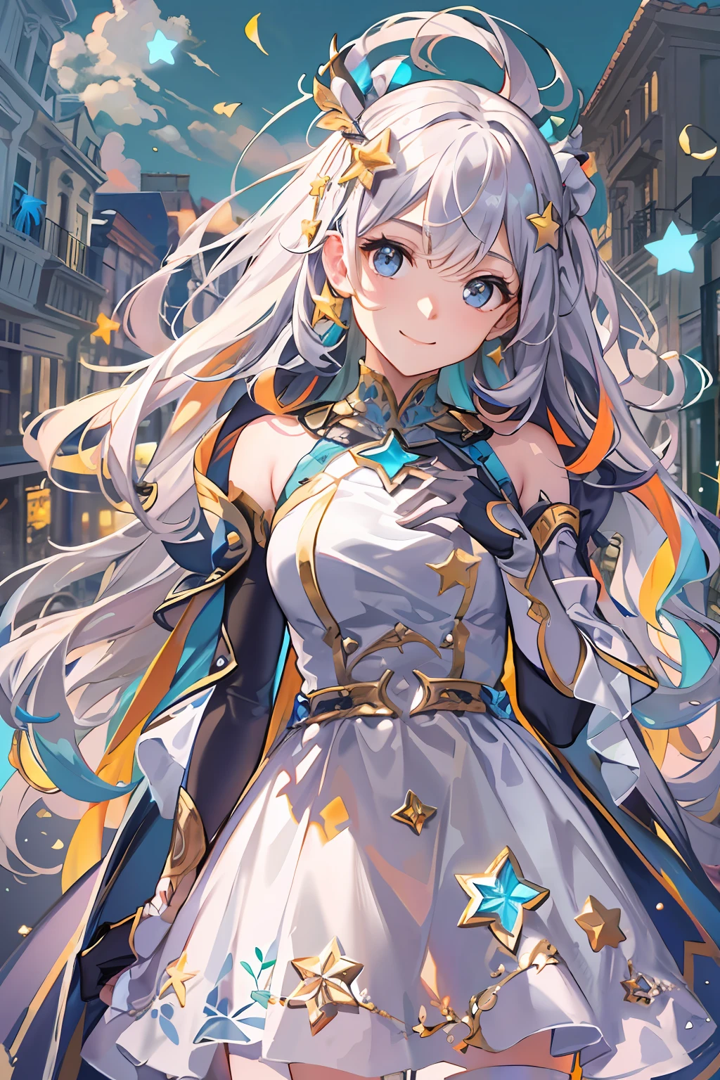 (highres, best quality:1.2), radiance, soft contours, beautiful drawing, upper body, concept art, detailed background, bright colors,
1girl, (solo), (absurdres, ,highres, official wallpaper, poster), (masterpiece, best quality:1.2), (illustration, realistic), (perfect details, highest detailed, extreme detailed), dramatic light, (white thighhighs, elbow gloves, hair ornament, star hair ornament, dress), rainbow hair, long hair), (street, sunlight, shy smile, floating hair, )