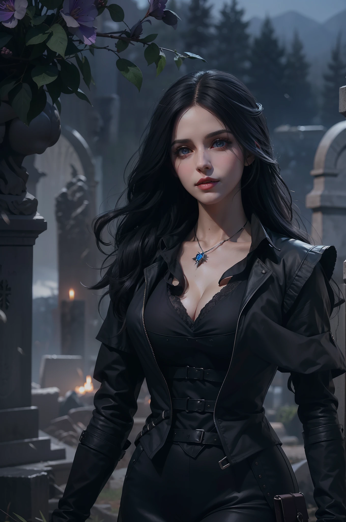 Mulher bonita que lembra Yennefer de The Witcher com longos cabelos pretos e olhos violetas brilhantes, obra prima, ultra qualidade, 8k, cabelos caindo sobre seus ombros, in the background a cemetery, She's wearing a black suit and tie...
