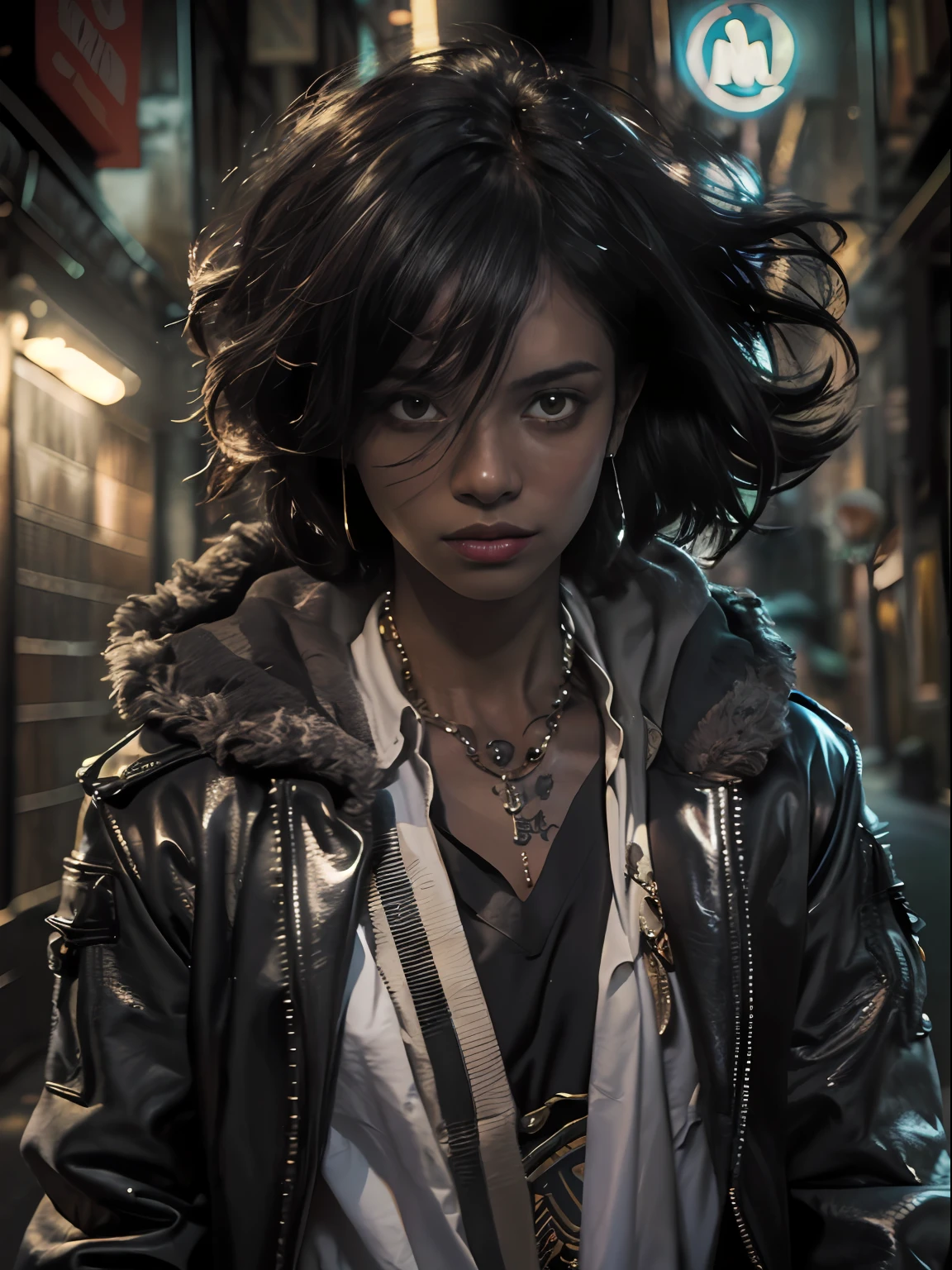 (Character: one egyptian man, black skin:1.4, black medium straight hair) 
(Clothing: brown coat, egyptian amulets, egyptian tattoos)
(brown color scheme, close-up, portrait)
(Background: dark alley at night:1.3, intense urban lights in background, dark, ominous) 
(Style: ((masterpiece:1.5)), (face detailed), photo-realistic:1.3, hyperrealistic, , high contrast, shiny skin, soft lighting, backlighting, bloom, light sparkles, chromatic aberration,)