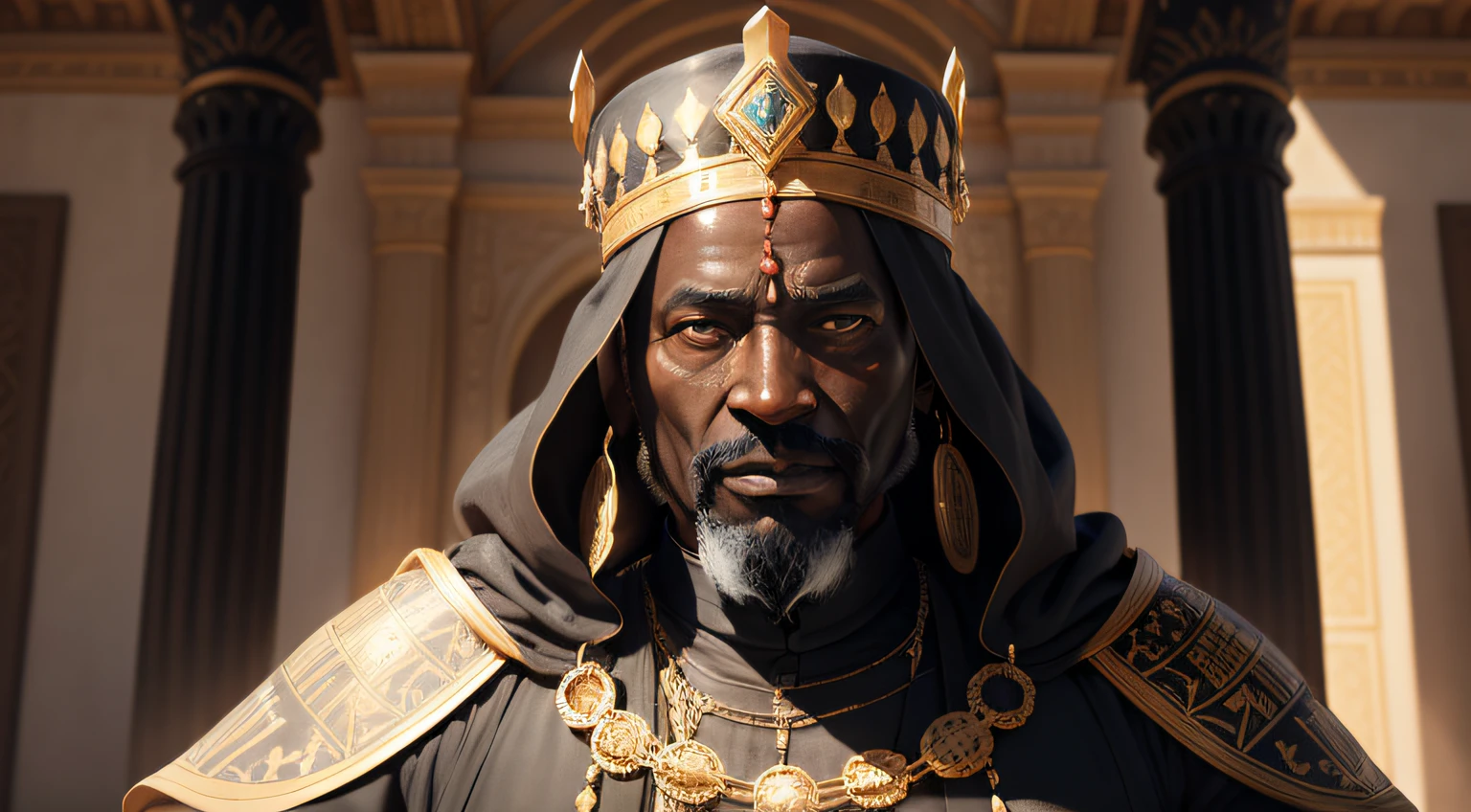 Old Black King in front of his palace, Mansa Musa, ultrarrealista | |, altamente detalhado, hyper realistic, Perfect artwork, master part, melhor qualidade, alto, layered lighting -- 4K