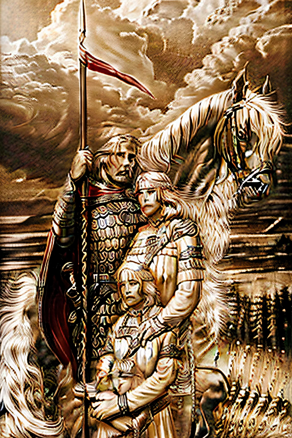 pintura de um homem, a woman and a child, The man holds a spear with one hand and embraces the woman with the other, The woman hugs the child, behind it has a horse, Bragi, nordic mythology, а fantasy proto-norse mythology, Directed by: Tibor Rényi, Directed by: Sasha Putrya, grande rei de stovokor, Directed by: Roman Bezpalkiv, Directed by: Eugene Zak, Directed by: Andrew Wroblewski, PØdegaard and SZago
