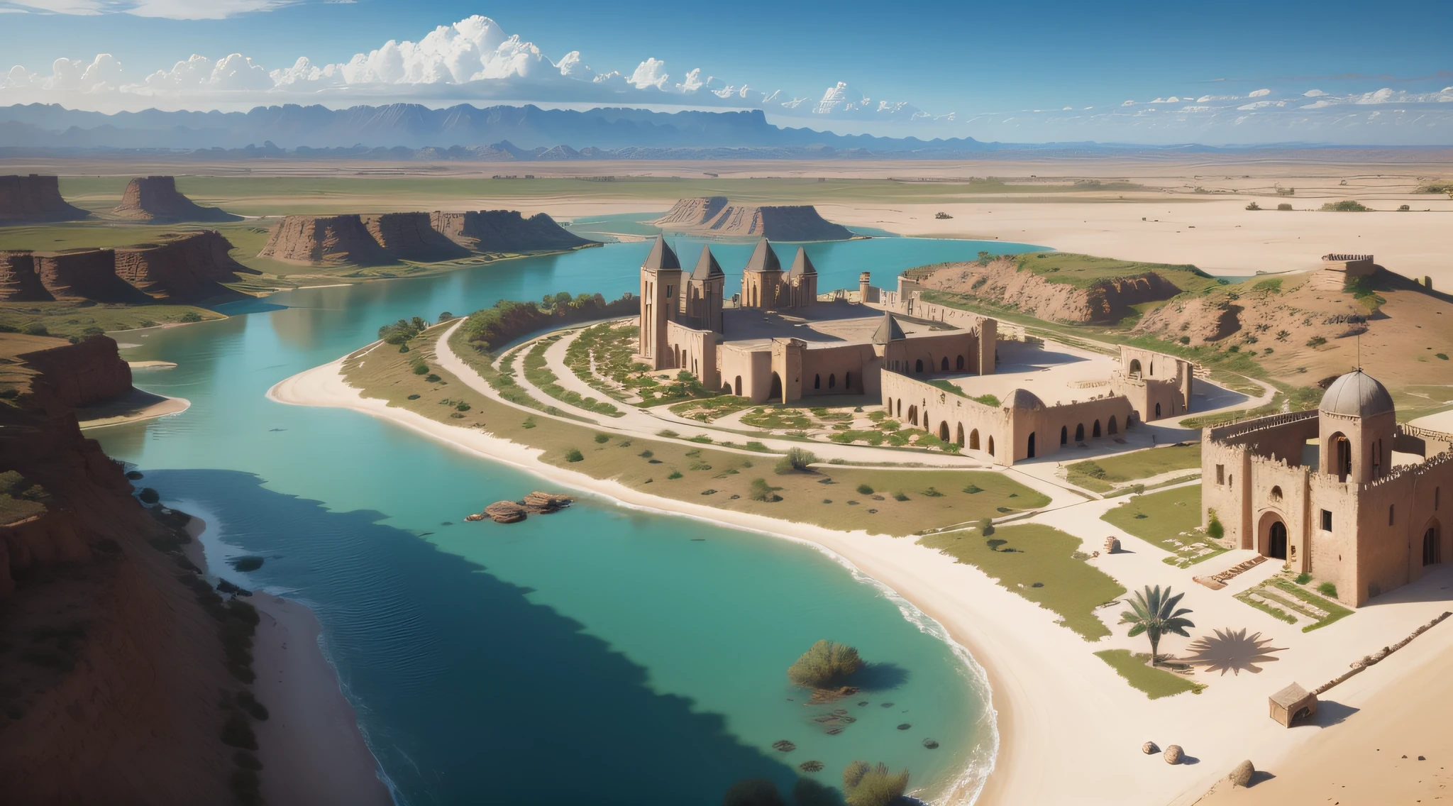 Medieval buildings in the middle of the desert, with palm trees around and dense vegetation, perto de um rio, lago, riacho