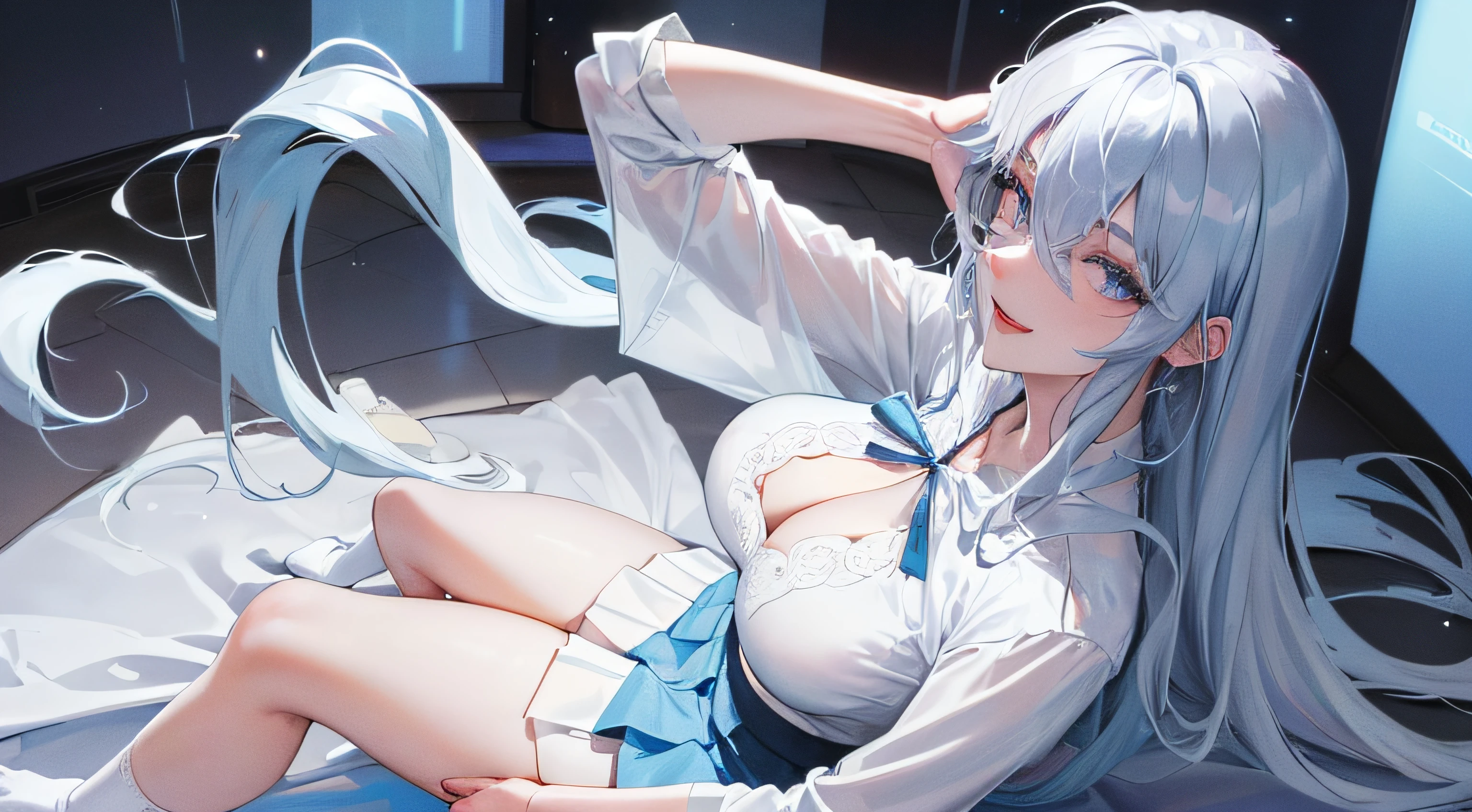 Official fine art,tmasterpiece,Sharp focus,(Beautiful gorgeous lovely Korean women:1.3),(beautiful lovely Korean people:1.3),South Korean beauties,Delicate and beautiful hair and eyes and face,realisticlying,ultra - detailed,a beauty girl,Glowing white particles,(side-lighting:1.2),Slender,Cute big breasts and big buttocks,Toothy laughter,((Laugh and open your eyes)),scenecy,Long straight hair, sexy facial expression, Dynamic hair, Long straight hair, Delicate platinum blue hair, glow blue eyes, (blue pleated shirt+white skirt), Long white socks, paleskin, hair adornments, Official fine art,tmasterpiece,Sharp focus,(best qualtiy, 8K, tmasterpiece:1.3,Delicate and beautiful hair and eyes and face,realisticlying,ultra - detailed,a beauty girl, Focus:1.2, Perfect figure to sit on the bed:1.4,White shirt,a black pleated skirt,Raise your legs high,White knee-length socks,legs are open,Foot elevation,Realistic details,Black color hair,female high-school student,Lori huge breasts cleavage,pantyless,The lower body is visible,Long legs
