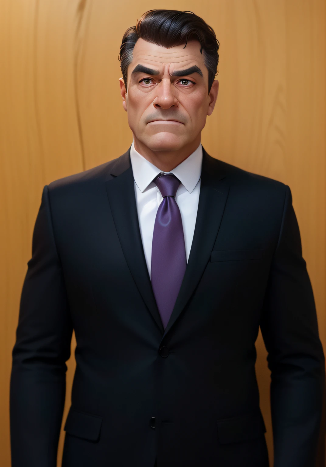 Create a CGI-style image that uses Western caricature drawing strokes and preserves the traits of the photographed person, com um pouco de estilo disney pixar. O homem retratadao na imagem tem 50 anos, cabelos pretos, he's in a suit and has a bit of frown lines near his eyes