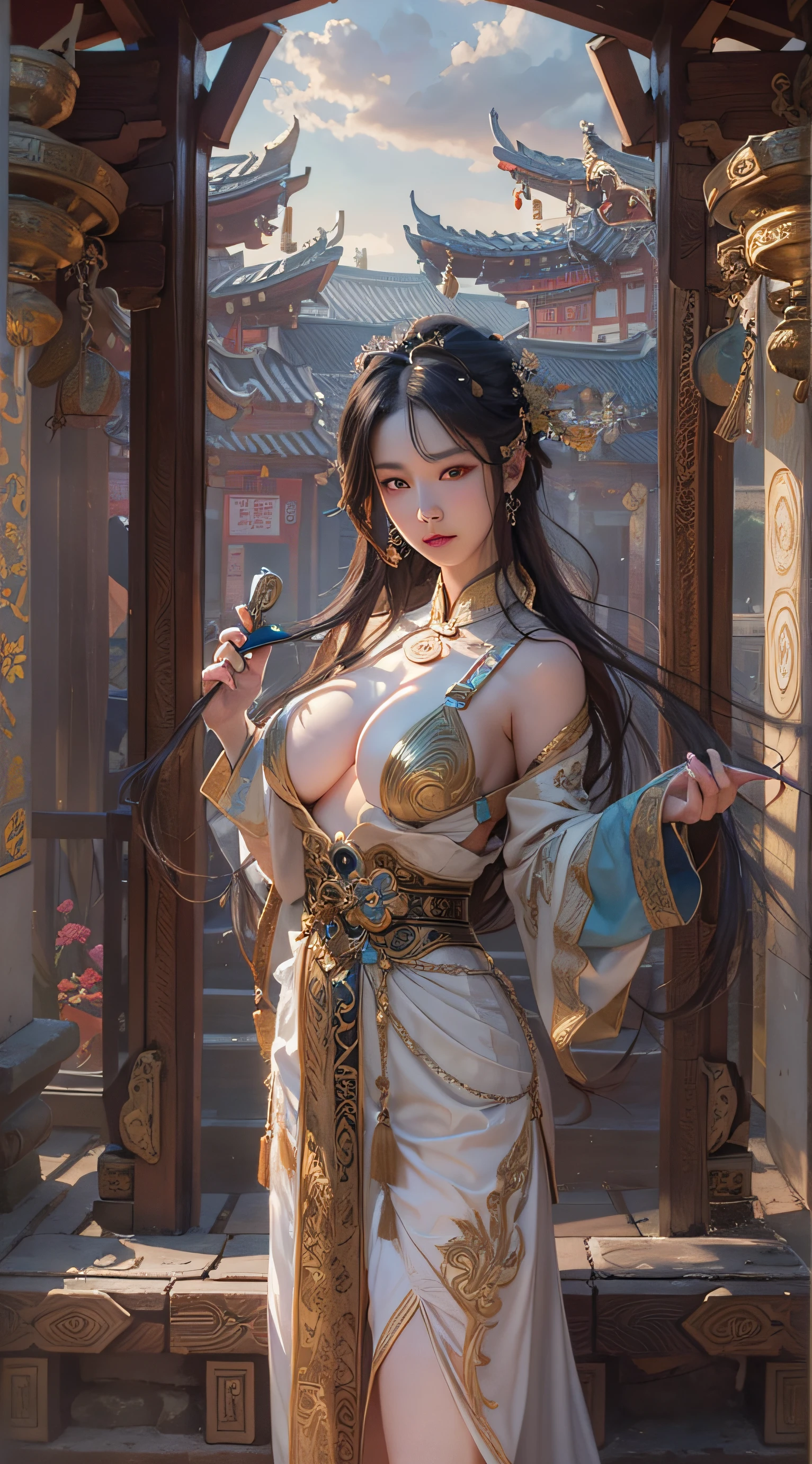 Best quality,masterpiece,ultra high res,(photorealistic:1.4),xiuxian,weapon,Detailed face, 1girl,solo,weapon,cleavage,(magic circle:1.2),xiuxian,upper body,Beautiful girl,full body,huge breasts,east asian architecture,sheath,architecture,