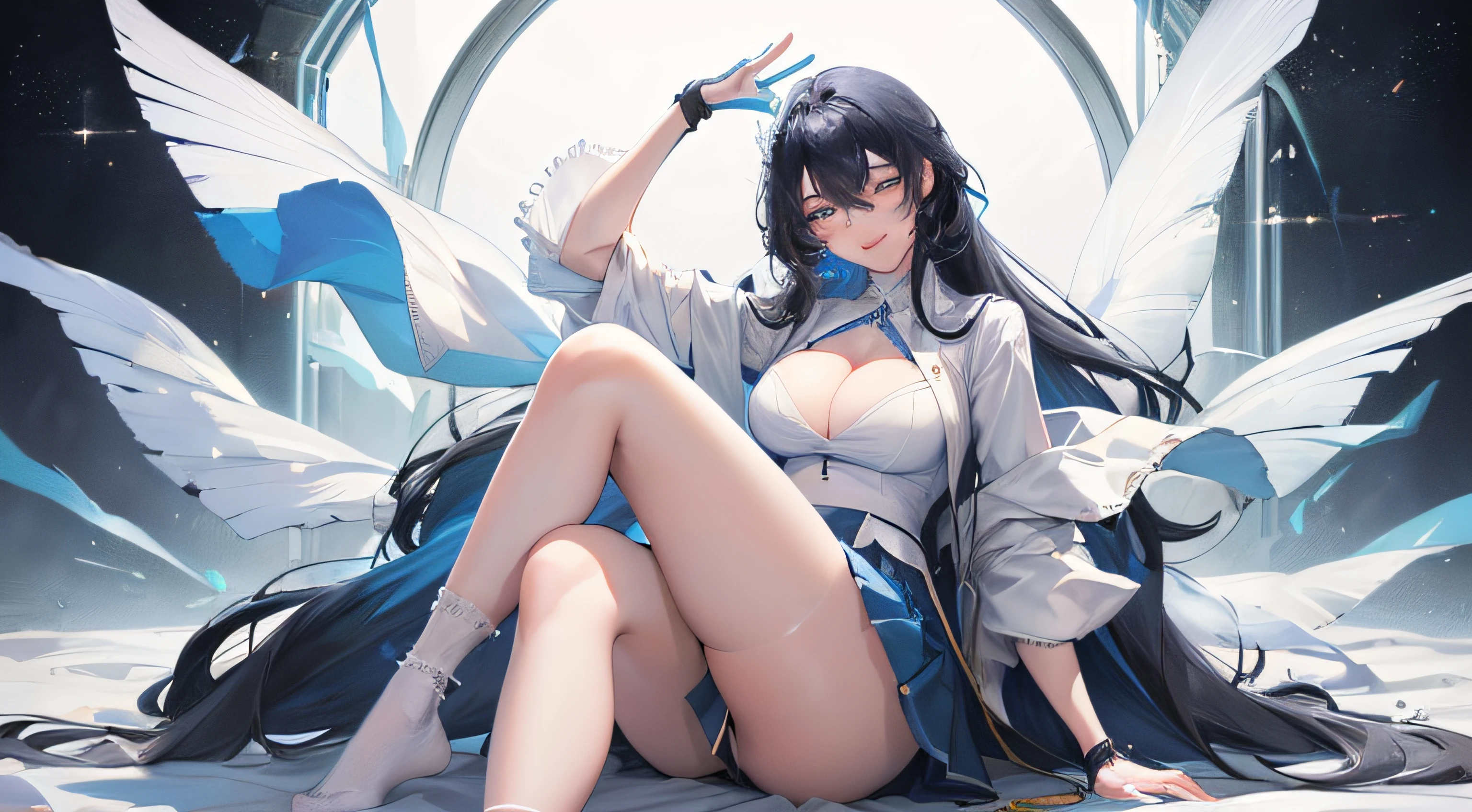 Official fine art,tmasterpiece,Sharp focus,(Beautiful gorgeous lovely Korean women:1.3),(beautiful lovely Korean people:1.3),South Korean beauties,Delicate and beautiful hair and eyes and face,realisticlying,ultra - detailed,a beauty girl,Glowing white particles,(side-lighting:1.2),Slender,Cute big breasts and big buttocks,Toothy laughter,((Laugh and open your eyes)),scenecy,Long straight hair, sexy facial expression, Dynamic hair, Long straight hair, Delicate platinum blue hair, glow blue eyes, (blue pleated shirt+white skirt), Long white socks, paleskin, hair adornments, Official fine art,tmasterpiece,Sharp focus,(best qualtiy, 8K, tmasterpiece:1.3,Delicate and beautiful hair and eyes and face,realisticlying,ultra - detailed,a beauty girl, Focus:1.2, Perfect figure to sit on the bed:1.4,White shirt,a black pleated skirt,Raise your legs high,White knee-length socks,legs are open,Foot elevation,Realistic details,Black color hair,female high-school student,Lori huge breasts cleavage,pantyless,The lower body is visible,Long legs