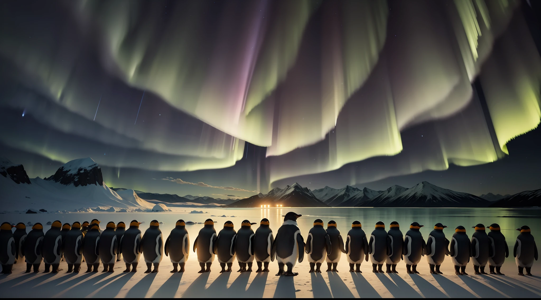 panorama, night, a colony of penguins marching on the ice, a green aurora borealis lighting up the sky, 8k, cartoon