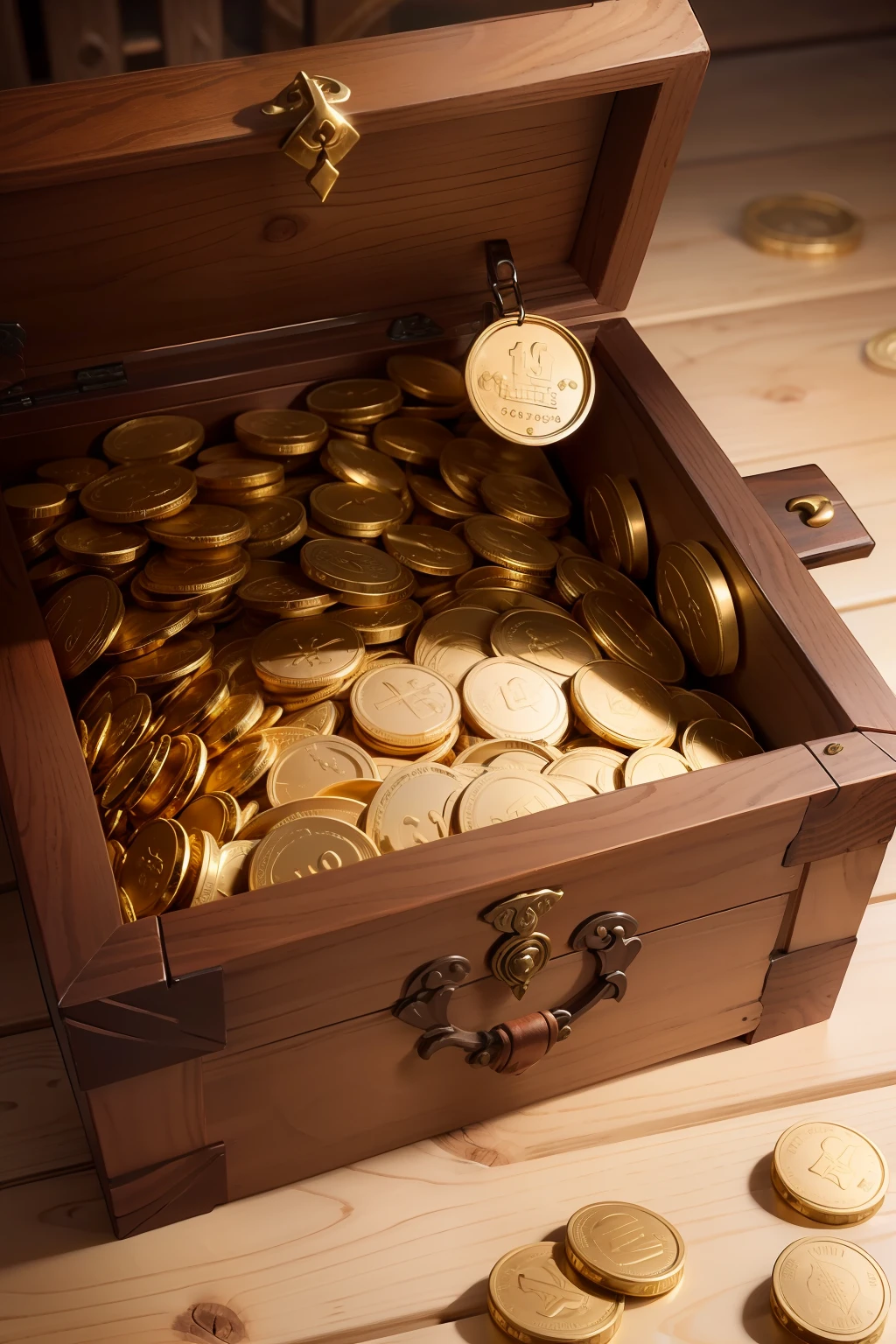 create Open 18th century wooden chest full of gold coins