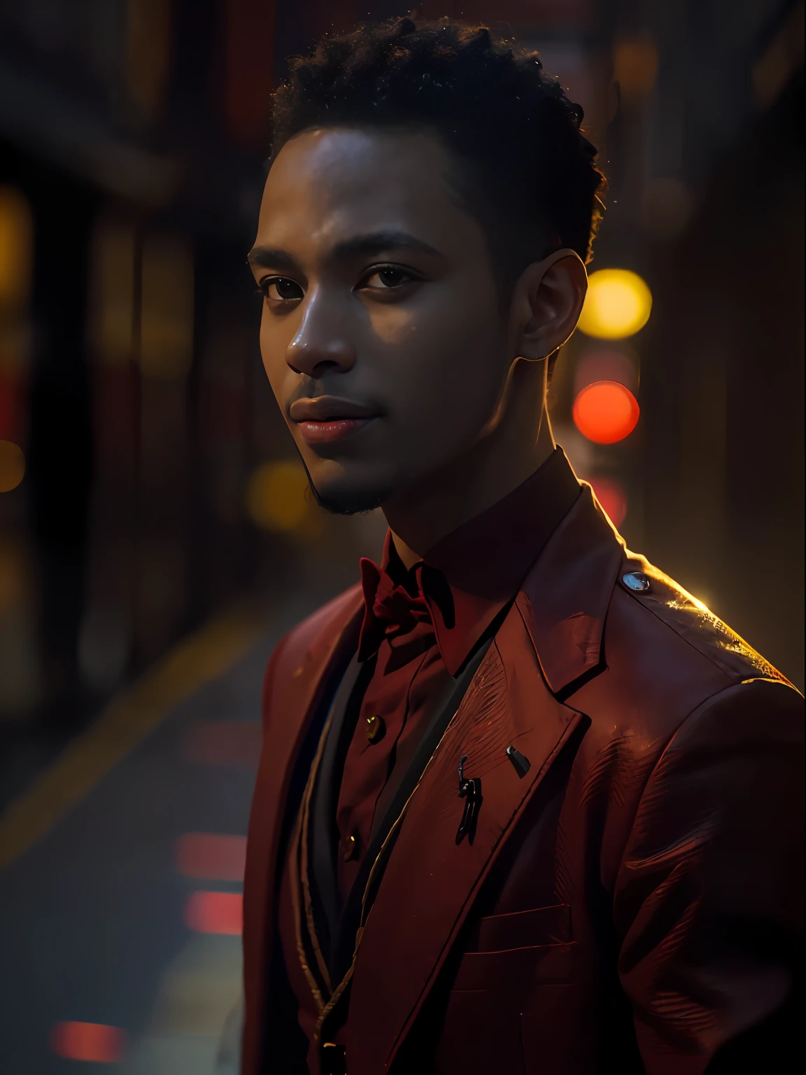 (Character: one Nigerian man, Diplomat, big smile, black skin, short hair)
(Clothing: red fine suit, vest)
(red color scheme, close-up, portrait)
(Background: dark alley at night:1.3, intense urban lights in background, dark, ominous) 
(Style: ((masterpiece:1.5)), (face detailed), photo-realistic:1.3, hyperrealistic, , high contrast, shiny skin, soft lighting, backlighting, bloom, light sparkles, chromatic aberration,)