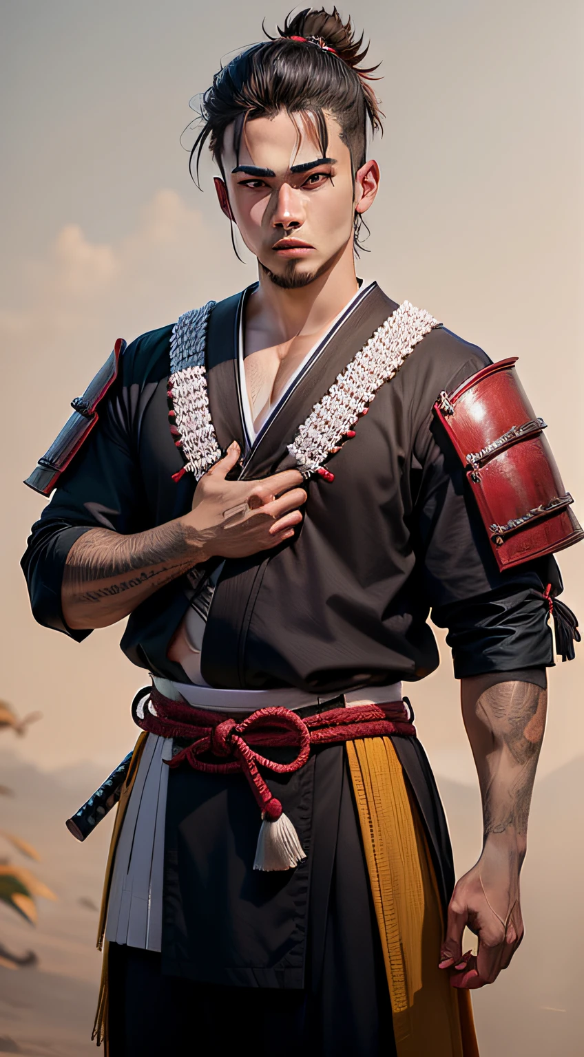 Jovem garoto aprendiz com roupa de um samurai