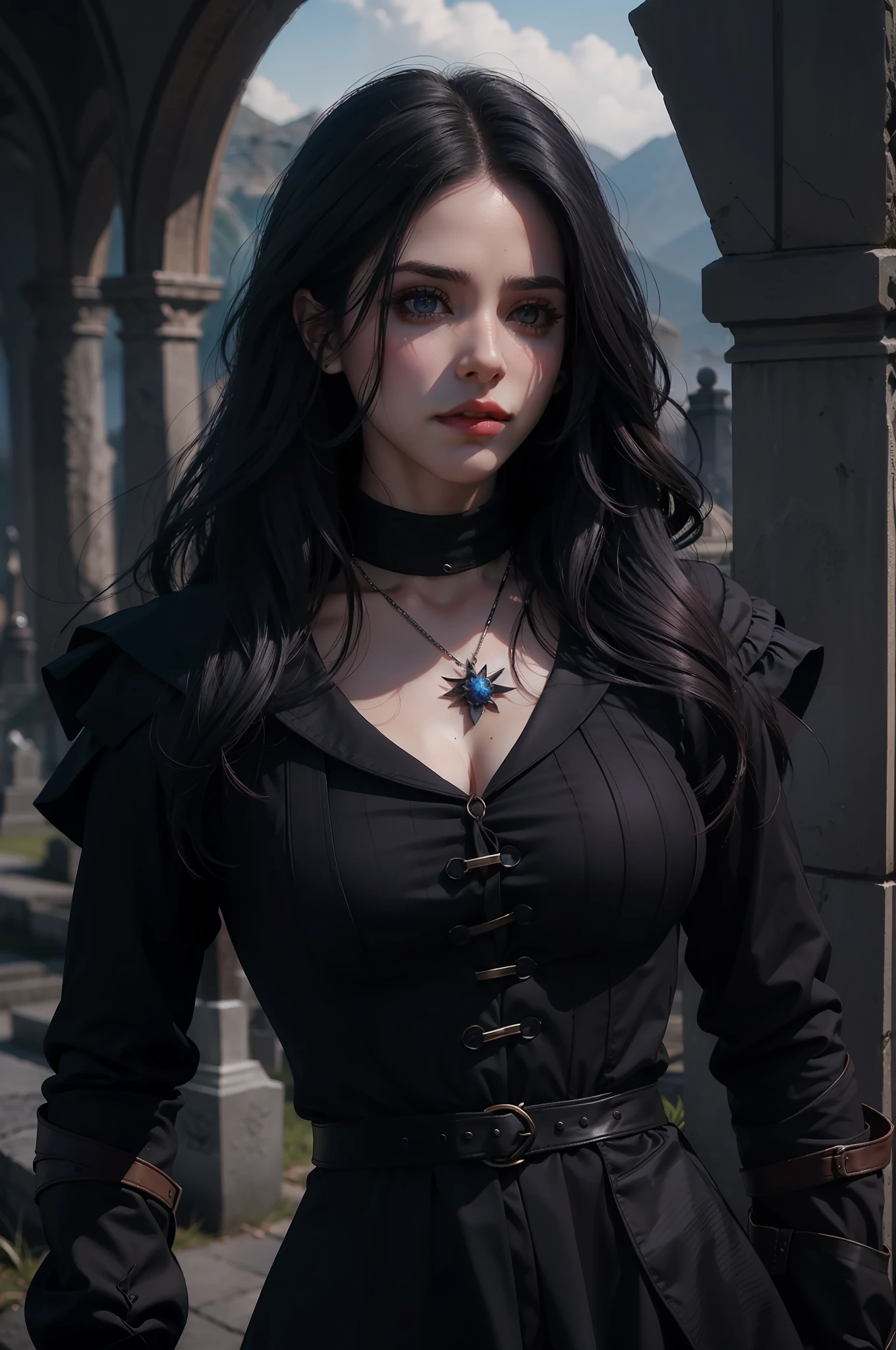 Mulher bonita que lembra Yennefer de The Witcher com longos cabelos pretos e olhos violetas brilhantes, obra prima, ultra qualidade, 8k, cabelos caindo sobre seus ombros, in the background a cemetery, She's wearing a black suit and tie....