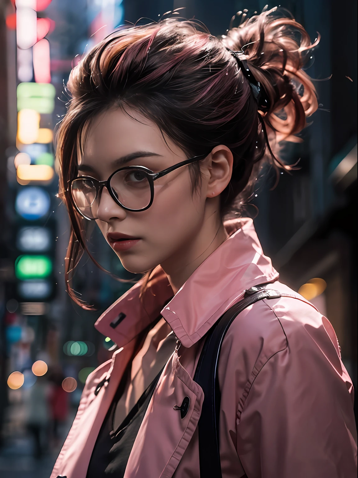 (Character: one french woman, pink shaved sides haircut )
(Clothing: pink trench coat, black shirt, glasses)
(pink color scheme, close-up, portrait)
(Background: dark alley at night:1.3, intense urban lights in background, dark, ominous) 
(Style: ((masterpiece:1.5)), (face detailed), photo-realistic:1.3, hyperrealistic, , high contrast, shiny skin, soft lighting, backlighting, bloom, light sparkles, chromatic aberration,)
