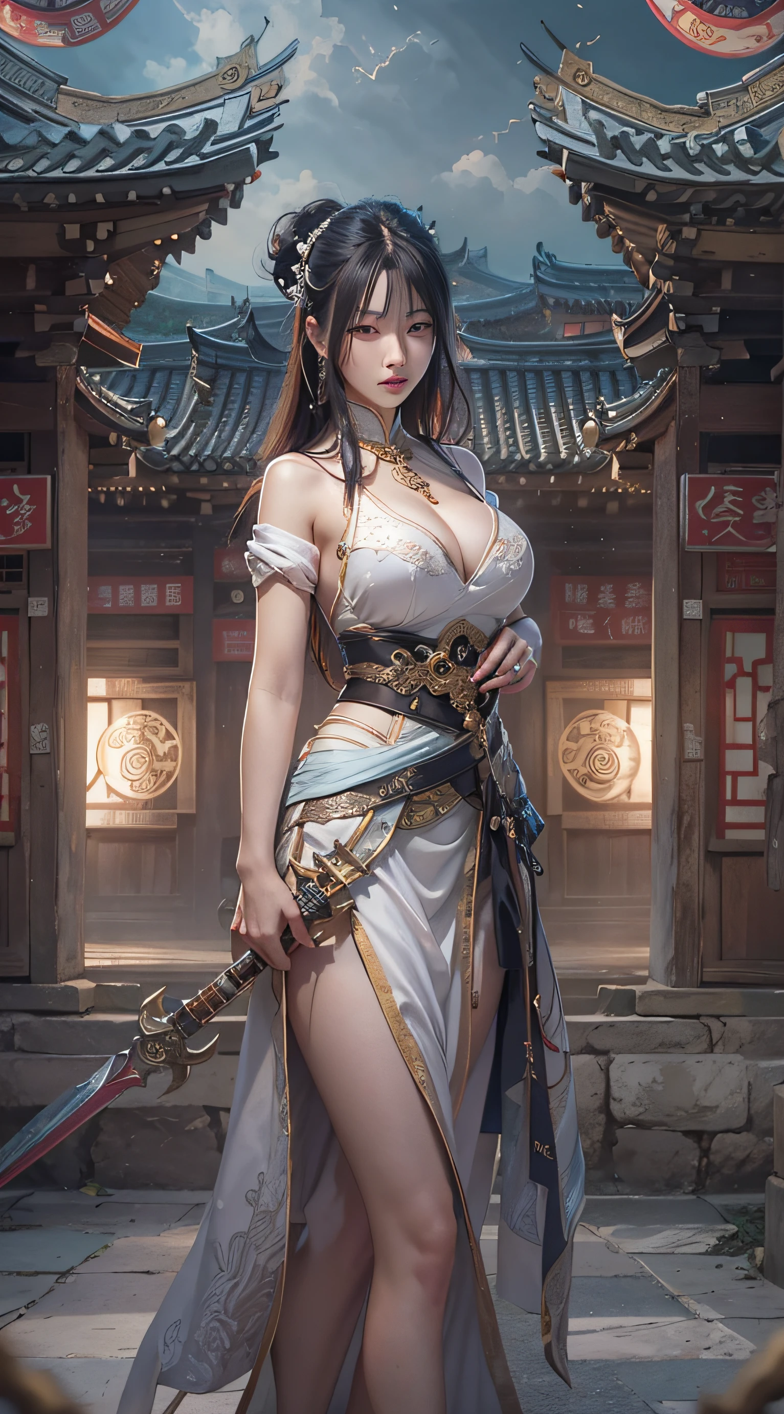 Best quality,masterpiece,ultra high res,(photorealistic:1.4),xiuxian,weapon,Detailed face, 1girl,solo,weapon,cleavage,(magic circle:1.2),xiuxian,upper body,Beautiful girl,full body,huge breasts,east asian architecture,sheath,architecture,
