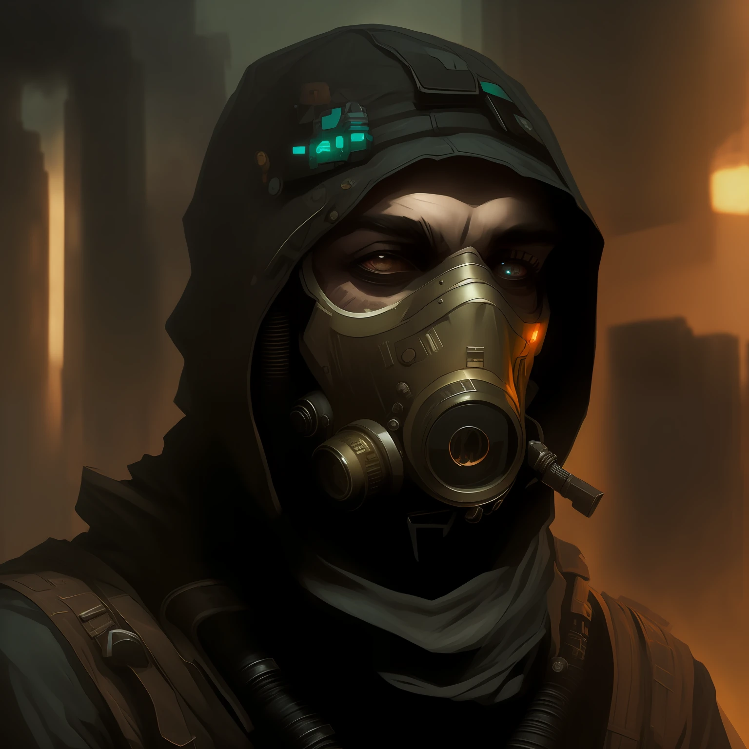 close-up of a man wearing a gas mask and hood, cyberpunk dark fantasy art, Cyberpunk street thug, rpg portrait concept art, dark cyberpunk illustration, cyberpunk artstyle, cyberpunk digital painting, cyberpunk character art, advanced digital cyberpunk art, Epic sci-fi character art, Epic sci-fi character graphics, cyberpunk horror style, Cyberpunk Dude, cyberpunk themed art