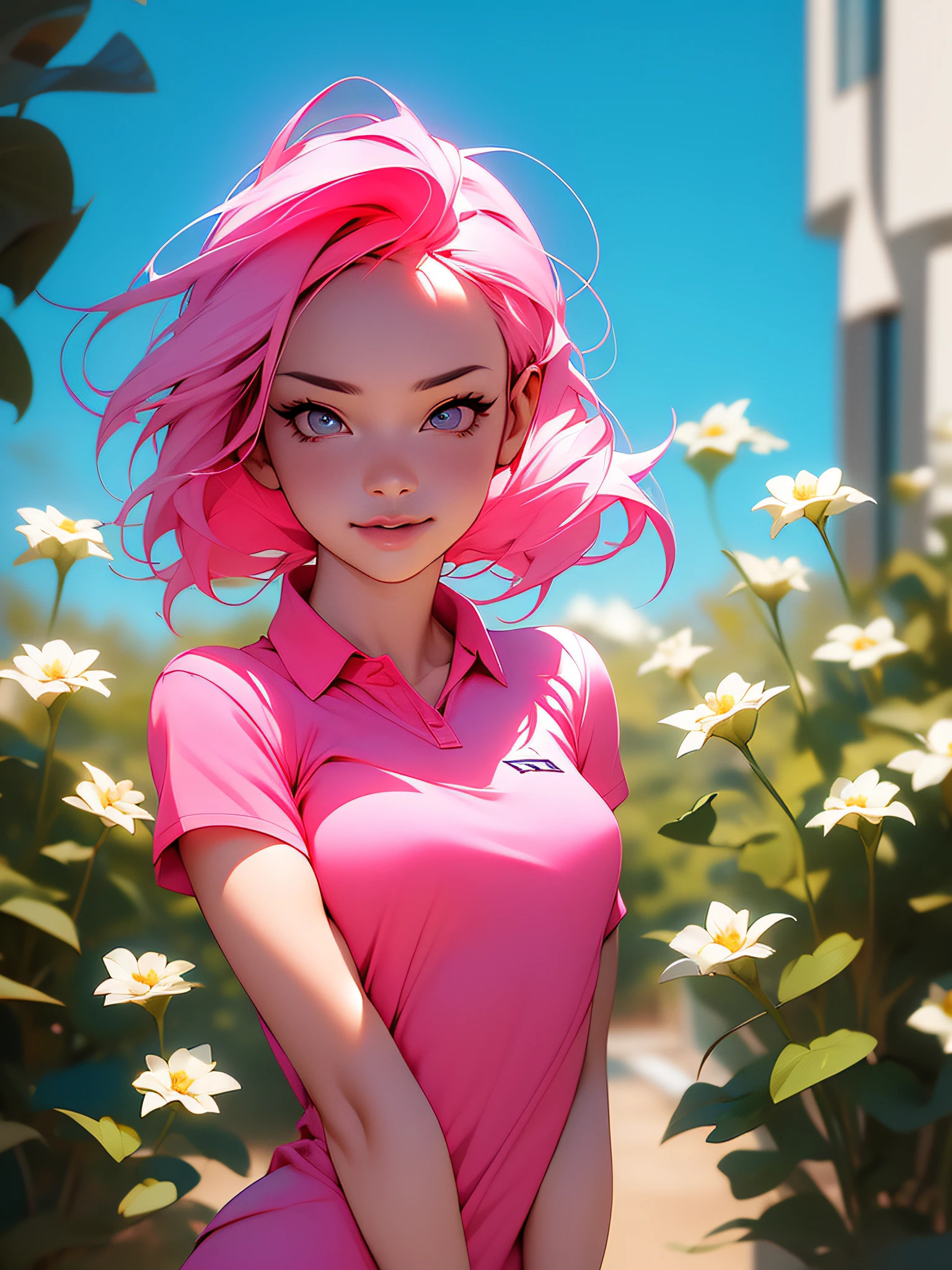 (masterpiece), better quality. (1young woman), upper body portrait, solo, pink polo shirt, pink sneakers, pink miniskirt, masterpiece, best quality, realistic, hyper-detailed, absurd, looking at viewer, short pink pixie hair, violet eyes, expressive and flirtatious look, dynamic lighting, high resolution, sharp focus, depth of field, mesmerizing eyes, catchlights, garden in background, sky, dslr, 8k
