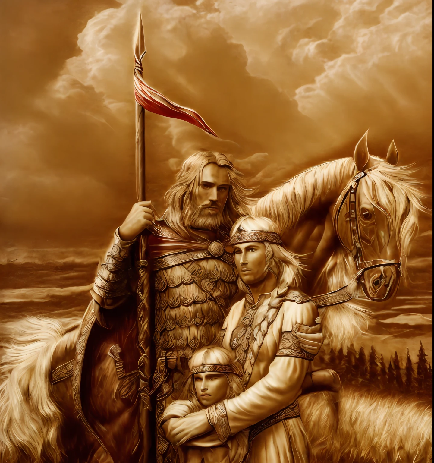 pintura de um homem e uma mulher segurando uma bandeira e um cavalo, mitologia eslava, а fantasy proto-slavic mythology, Directed by: Tibor Rényi, Directed by: Sasha Putrya, Grande Rei de Stovokor, Directed by: Roman Bezpalkiv, Directed by: Eugeniusz Zak, Directed by: Andrew Wroblewski, eslavo