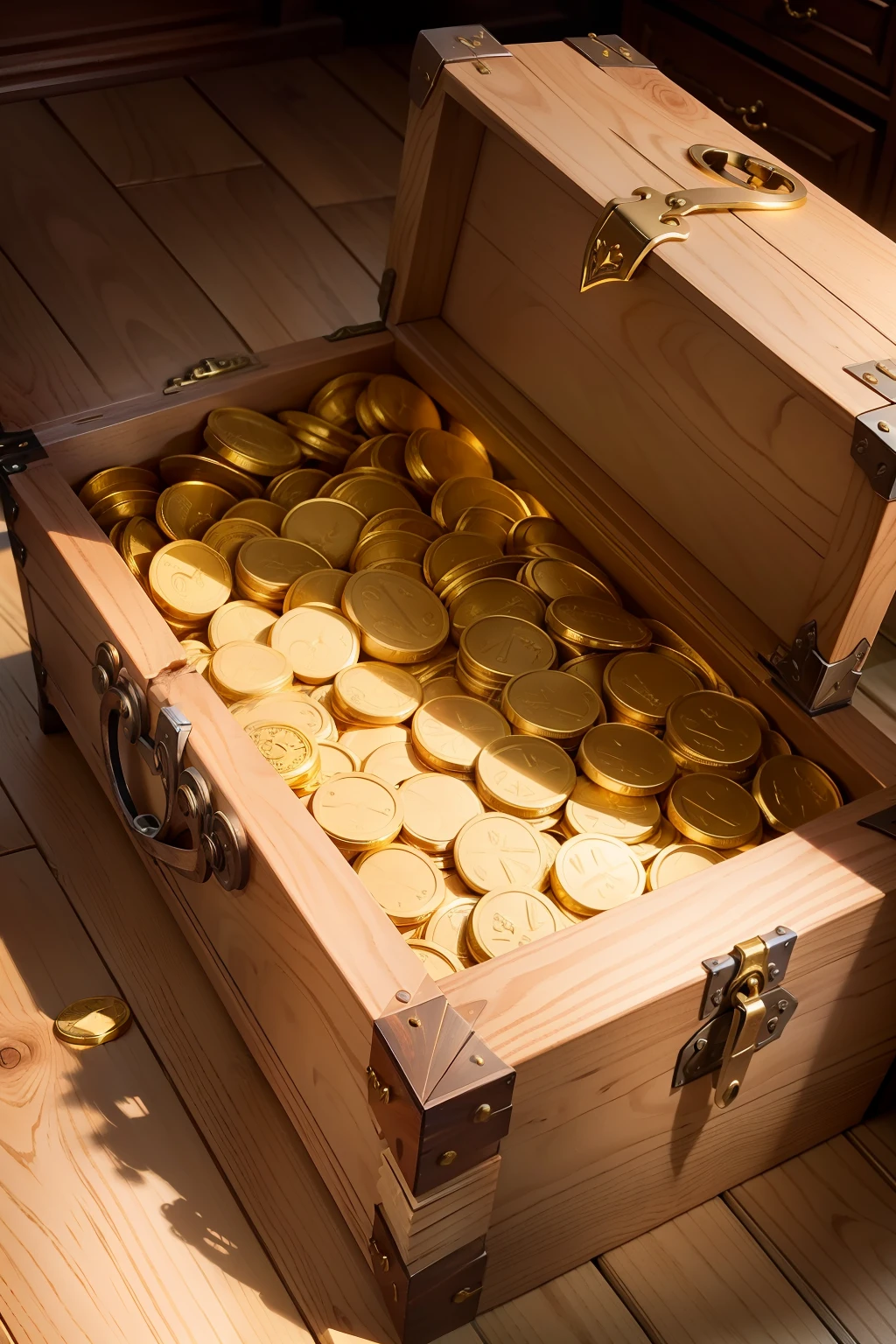 create Open 18th century wooden chest full of gold coins