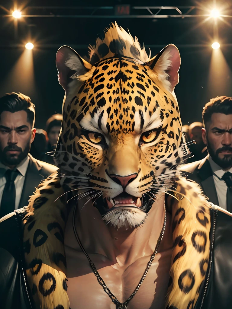 Leopard-headed man,Wrestlers,Teeth and claws,Dark series,press conference,flash lights,tmasterpiece,high qulity,Full of details