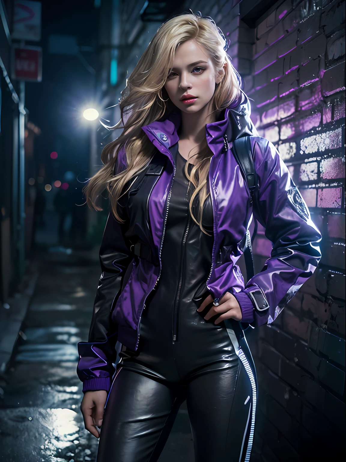 (Character: one russian woman, blonde long wave hair, hair, lean body, tall)
(Clothing:  purple jacket, futuristic jumpsuit, backpack,arm holster, knee pad)
(purple color scheme, close-up, portrait)
(Background: dark alley at night:1.3, intense urban lights in background, dark, ominous) 
(Style: ((masterpiece:1.5)), (face detailed), photo-realistic:1.3, hyperrealistic, , high contrast, shiny skin, soft lighting, backlighting, bloom, light sparkles, chromatic aberration,)