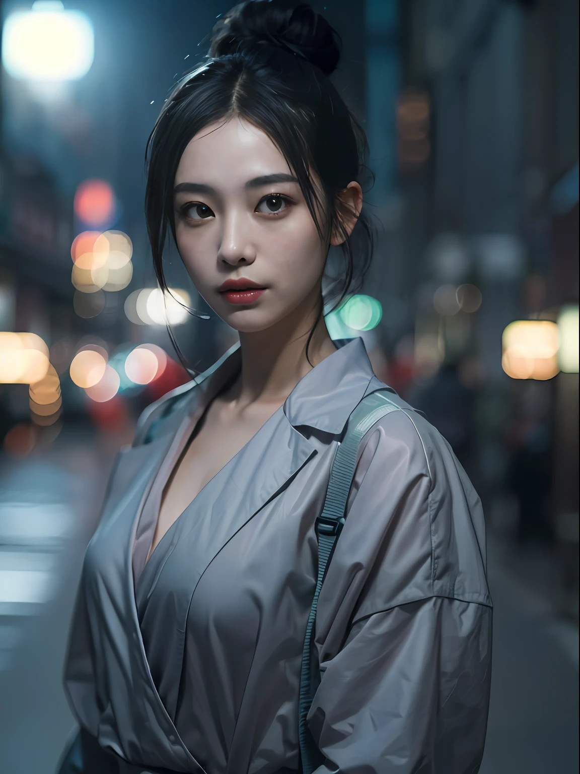 (Character: one chinese woman, 40 years old, high bun in the hair)
(Clothing: gray medical coat, chinese shirt)
(gray color scheme, close-up, portrait)
(Background: dark alley at night:1.3, intense urban lights in background, dark, ominous)
(Style: ((masterpiece:1.5)), (face detailed), photo-realistic:1.3, hyperrealistic, , high contrast, shiny skin, soft lighting, backlighting, bloom, light sparkles, chromatic aberration,)