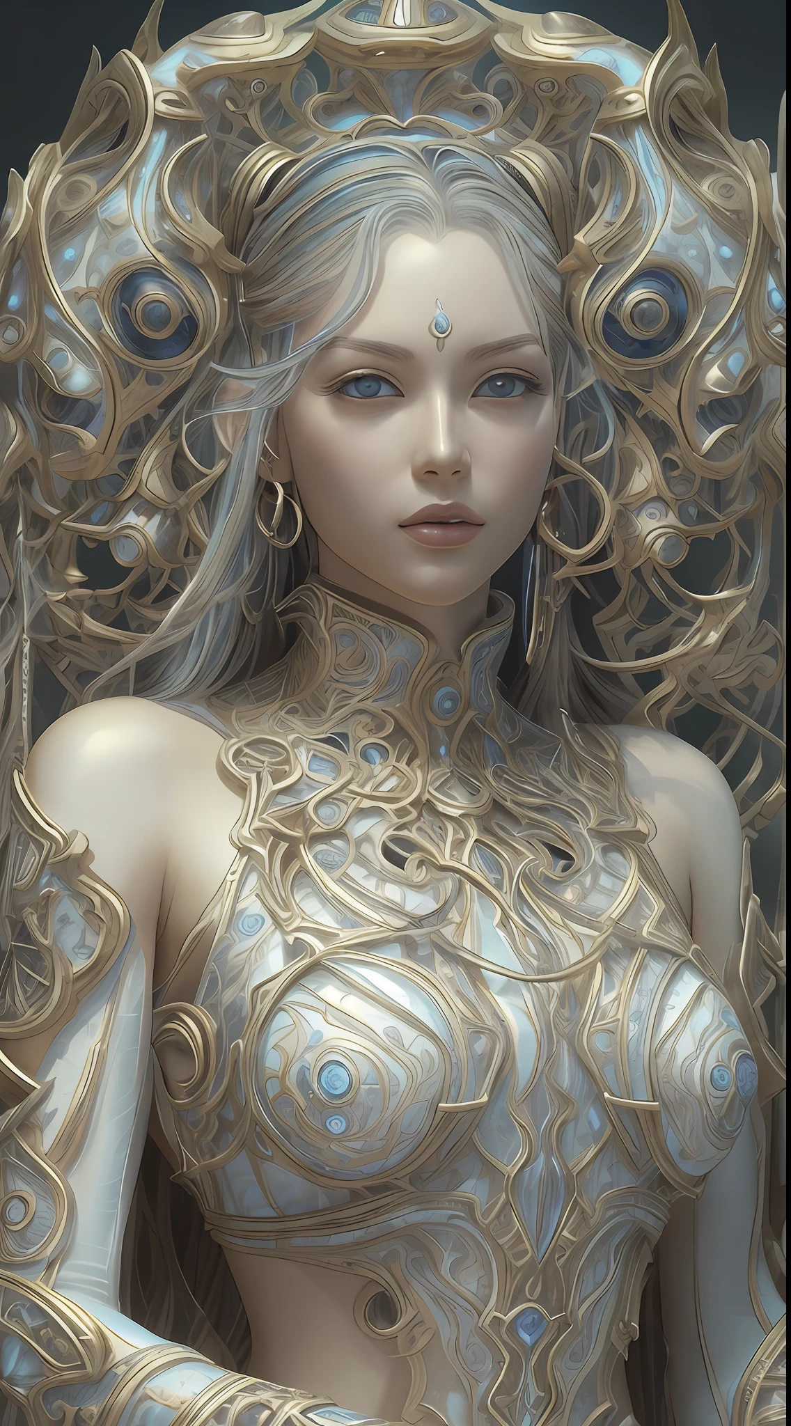 best qualtiy，tmasterpiece，超高分辨率，（realisticlying：1.4），absurderes，（Eye focus），（sface focus, Clear facial features），Complex 3d rendering of beautiful and charming biomechanical female porcelain figures，(((Has a porcelain finish)))、simulating、Beautiful natural light、rim-light、1 5 0 mm lens、an aztec warrior、feater、nipple piercing、Aztec tattoo、flor branca、Vanilla leaves and stems、Meandering roots、white blossoms、Fine-leaved lace、steampunc、Silver-gold filigree detailing、alexander mcqueen haute couture、Pearl earrings、Art Nouveau embroidery、Hexagonal network cable、Mandelbro fractal、face muscles、cable wires、micro Chip、ellegance、Beautiful natural light, Studio lights, rim-light, The is very detailed, ultra-realistic realism, Sharp, rendering by octane, HR Giger style, Volumetriclighting, 8 k post production, God floating on fire[The discovery of wormholes leads to a new world|The cursed prince must marry the Void]，[sci-fy：fanciful：0.6]cinmatic lighting，detailedbackground，at centre，Michael Bay style，insane detailed，k hd，concept-art，number art，with dynamism，（The most beautiful art in the world：1.2），（V0id3nergy：1.3）