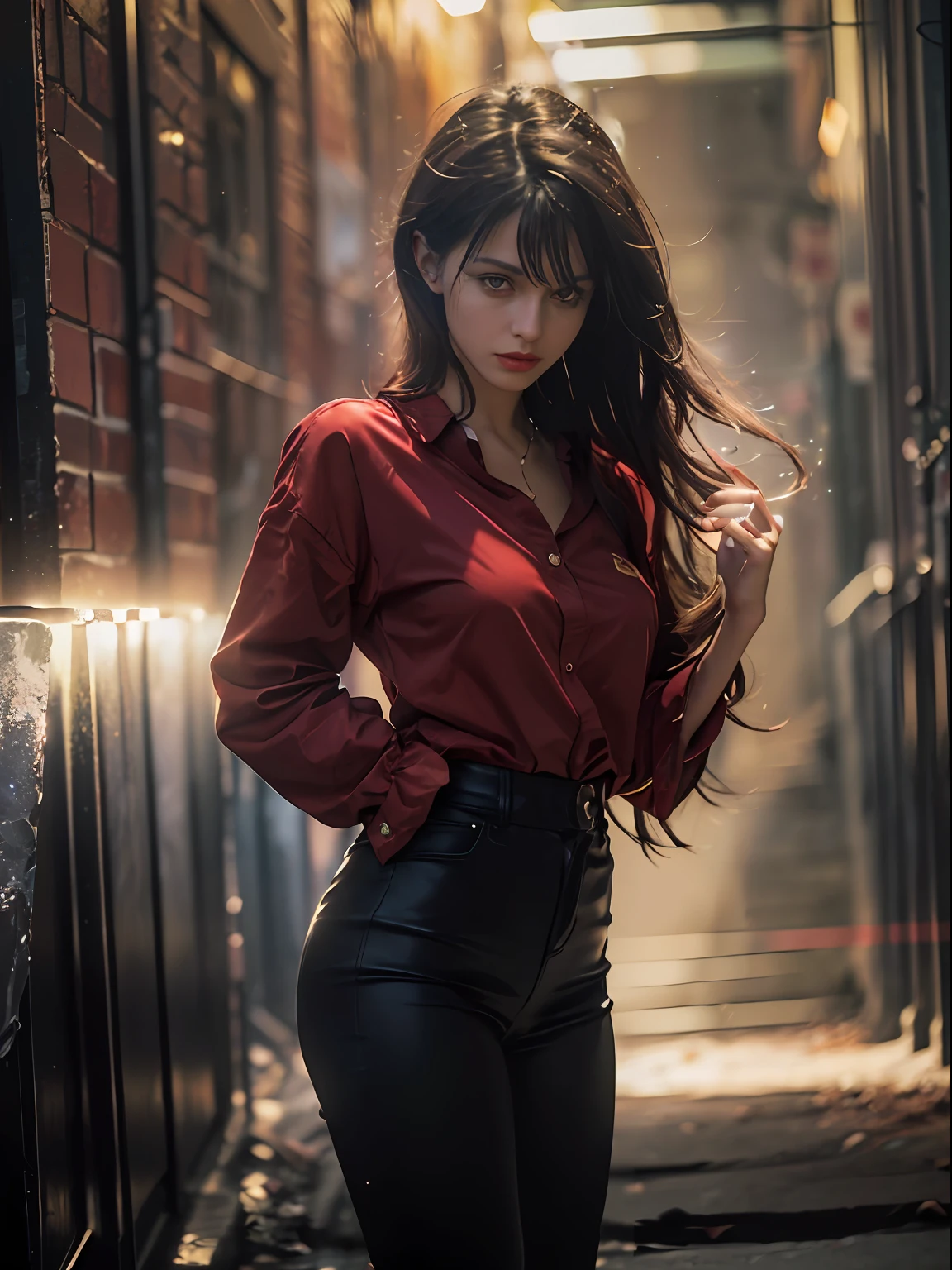 (Character: one Israeli woman, 30 years old, brunette, medium hair)
(Clothing: wine red lawyer clothes)
(wine red color scheme, close-up, portrait)
(Background: dark alley at night:1.3, intense urban lights in background, dark, ominous) 
(Style: ((masterpiece:1.5)), (face detailed), photo-realistic:1.3, hyperrealistic, , high contrast, shiny skin, soft lighting, backlighting, bloom, light sparkles, chromatic aberration,)