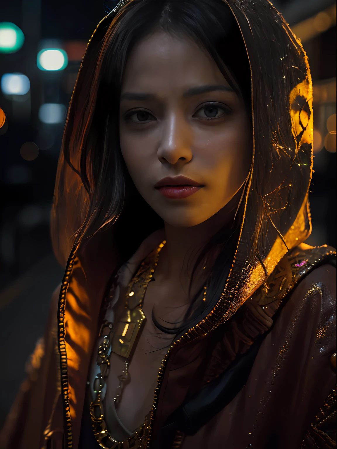 (Character: one mexican woman, mystic, brown skin, medium messy hair)
(Clothing: orange inca poncho, amulets, inca tattoos)
(orange color scheme, close-up, portrait)
(Background: dark alley at night:1.3, intense urban lights in background, dark, ominous)
(Style: ((masterpiece:1.5)), (face detailed), photo-realistic:1.3, hyperrealistic, , high contrast, shiny skin, soft lighting, backlighting, bloom, light sparkles, chromatic aberration,)