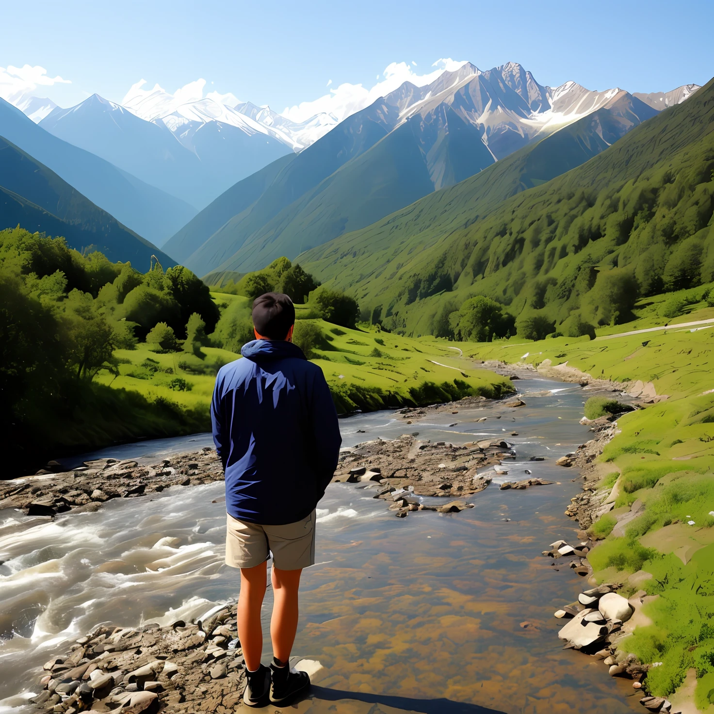 A person looking at the mountains and rivers is lonely and poignant