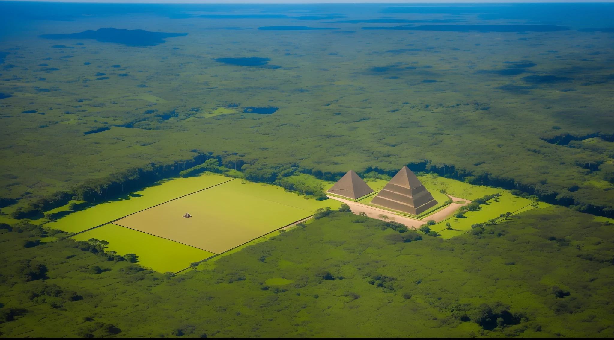 Pyramid and a sphinx in the Amazon rainforest seen from above