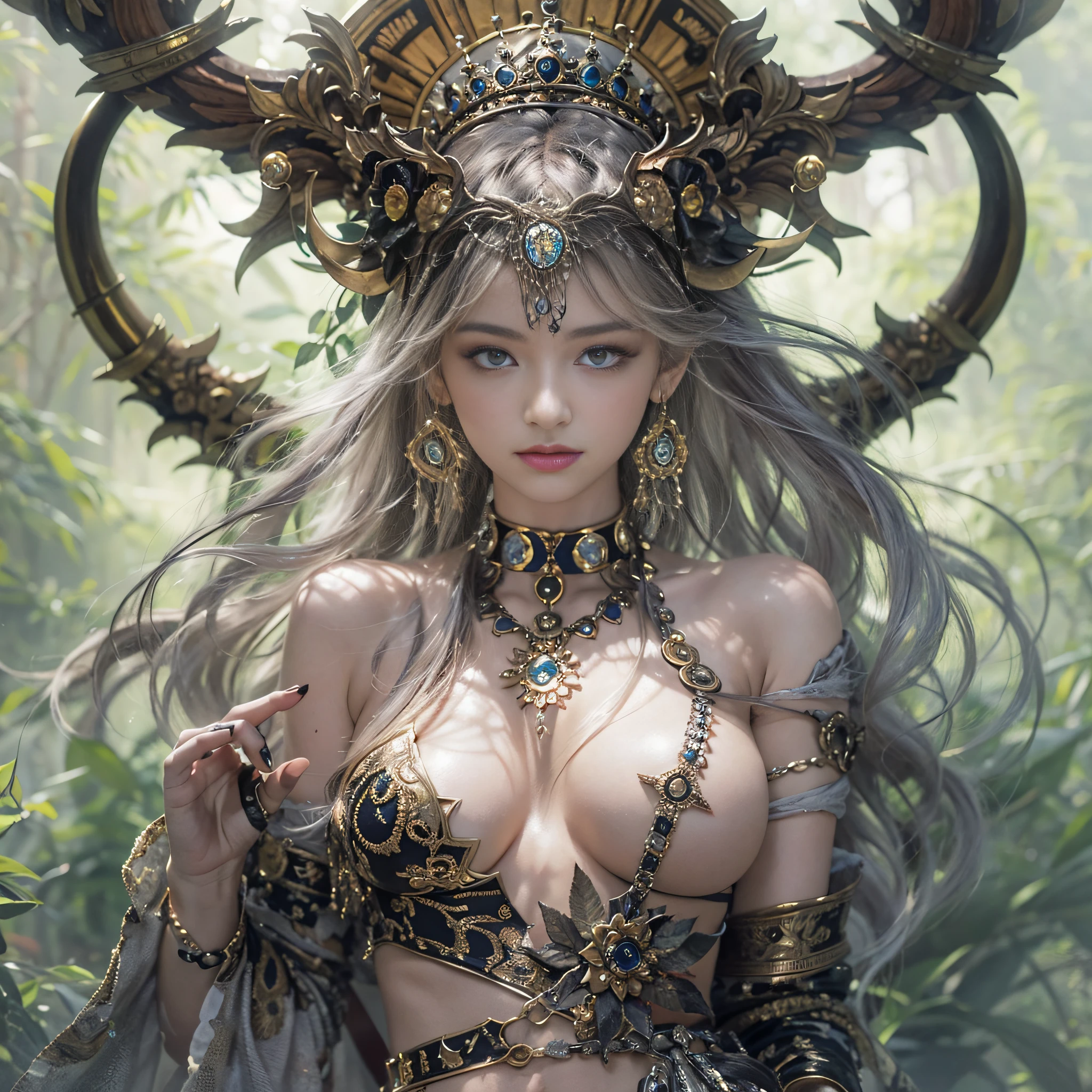 ((masterpiece)、(top-quality)、(reallistic))、beautiful queen:1.4、Bondage style、latex shiny、By Luis Royo:1.4、1girl in、Sexy Daughter、Attractive earrings with impressive beauty、a choker、a necklace、piercings、(Super beauty)、Super Ultra Ultra Bikini、standingn、fullllbody:1.4、(Beauty in return)、Fantastic mythological landscape
