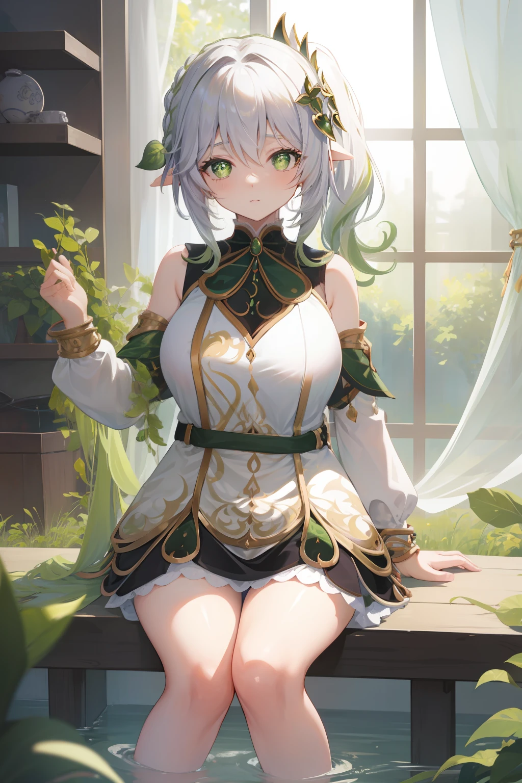 (masterpiece),best quality, expressive eyes, perfect face, 1girl,
big breast, H-cup, good breast, beautiful, gorgeous,anime,girl,lora, floating clothes,w sitting, w sitting on ground, legs on ground, short hair, yellow eyes, leaf hair ornament,red shirt,skirt,long sleeves,curtain chest ,hands on hips, hands on waist,nahidarnd,
nahidadef,