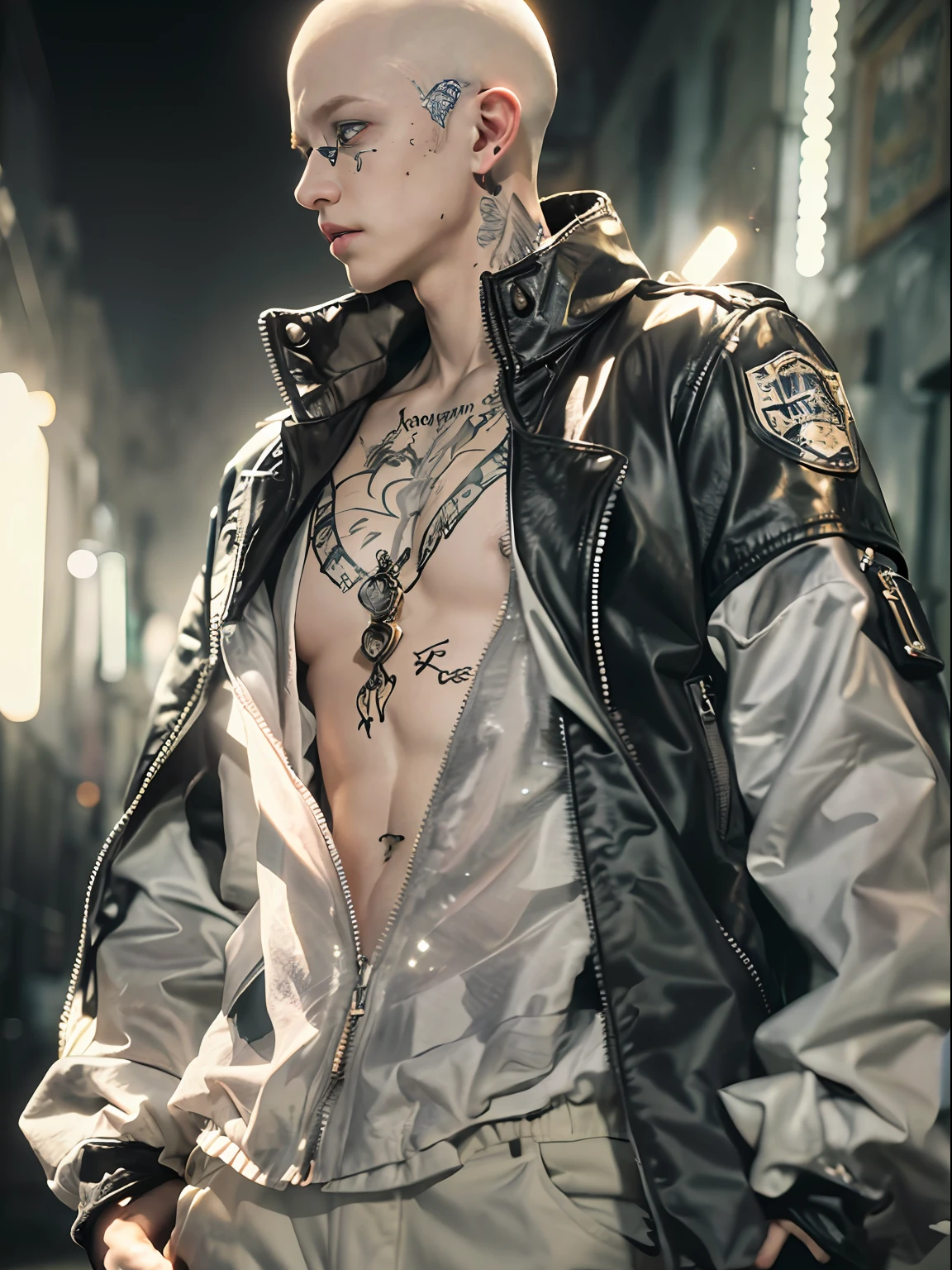 (Character: one albino boy (), pale skin, shaved hair, bald, tattoos)
(Clothing: beige straightjacket, torn pants)
(baige color scheme, close-up, portrait)
(Background: dark alley at night:1.3, intense urban lights in background, dark, ominous) 
(Style: ((masterpiece:1.5)), (face detailed), photo-realistic:1.3, hyperrealistic, , high contrast, shiny skin, soft lighting, backlighting, bloom, light sparkles, chromatic aberration,)