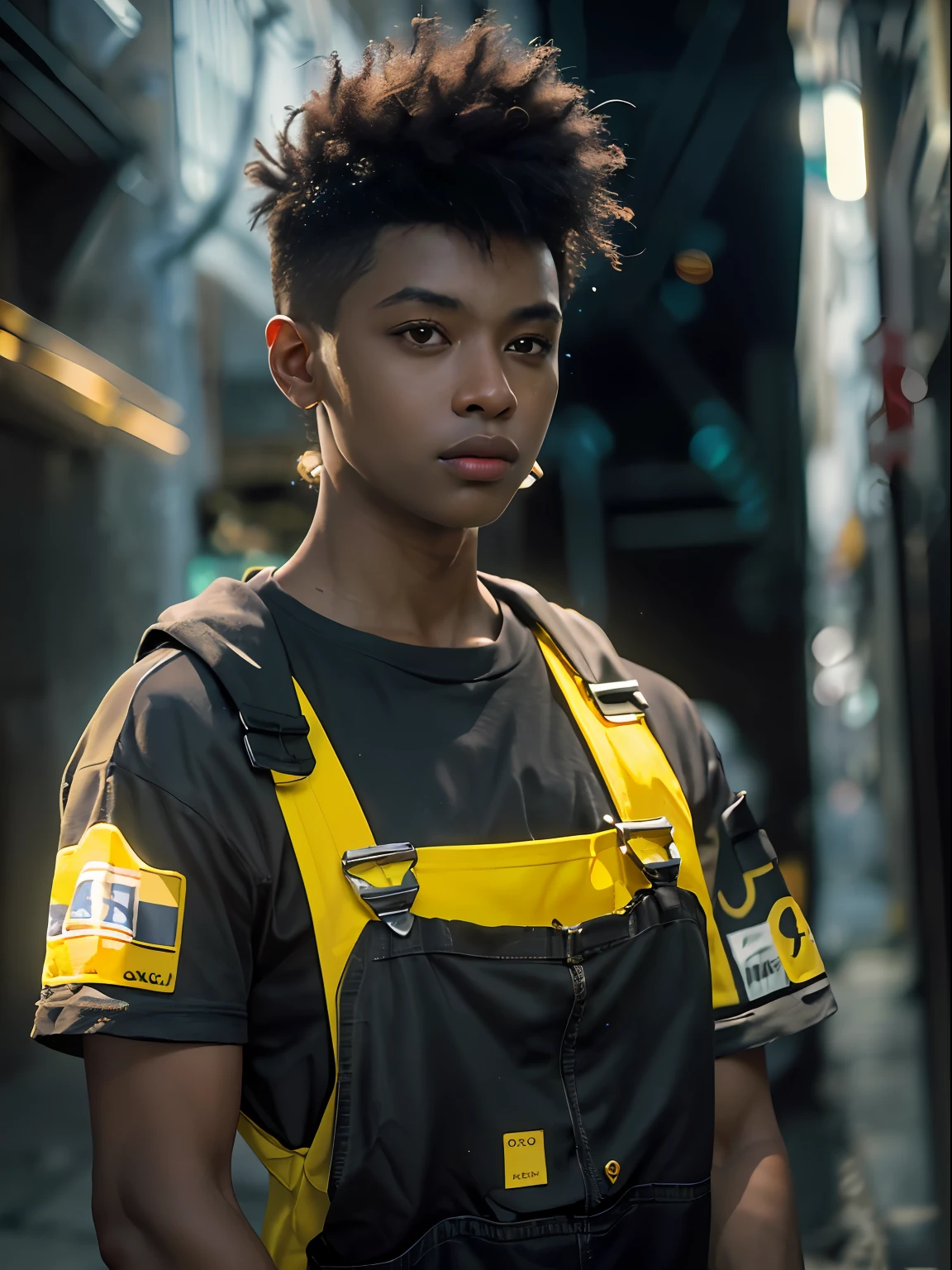 (Character: one afro-american man, military, black short hair, (athletic body))
(Clothing: yellow mechanic overalls, black t-shirt)
(yellow color scheme, close-up, portrait)
(Background: dark alley at night:1.3, intense urban lights in background, dark, ominous)
(Style: ((masterpiece:1.5)), (face detailed), photo-realistic:1.3, hyperrealistic, , high contrast, shiny skin, soft lighting, backlighting, bloom, light sparkles, chromatic aberration,)