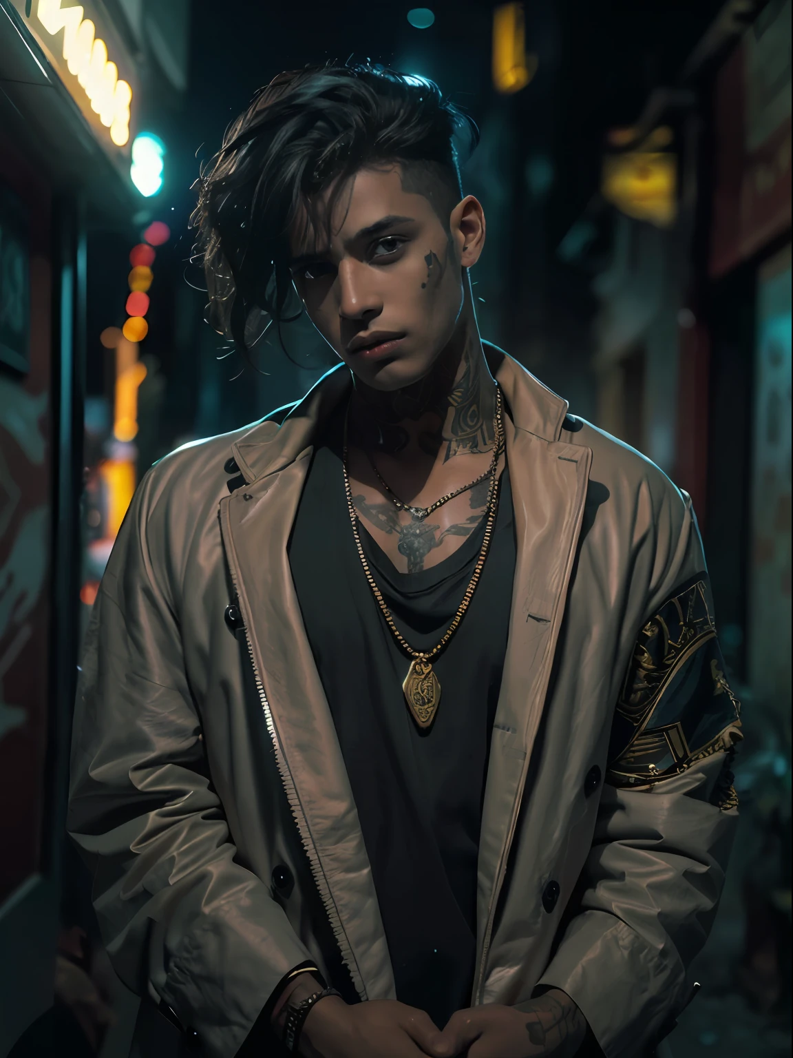 (Character: one egyptian man, black skin:1.4, black medium straight hair) 
(Clothing: brown coat, egyptian amulets, egyptian tattoos)
(brown color scheme, close-up, portrait)
(Background: dark alley at night:1.3, intense urban lights in background, dark, ominous) 
(Style: ((masterpiece:1.5)), (face detailed), photo-realistic:1.3, hyperrealistic, , high contrast, shiny skin, soft lighting, backlighting, bloom, light sparkles, chromatic aberration,)
