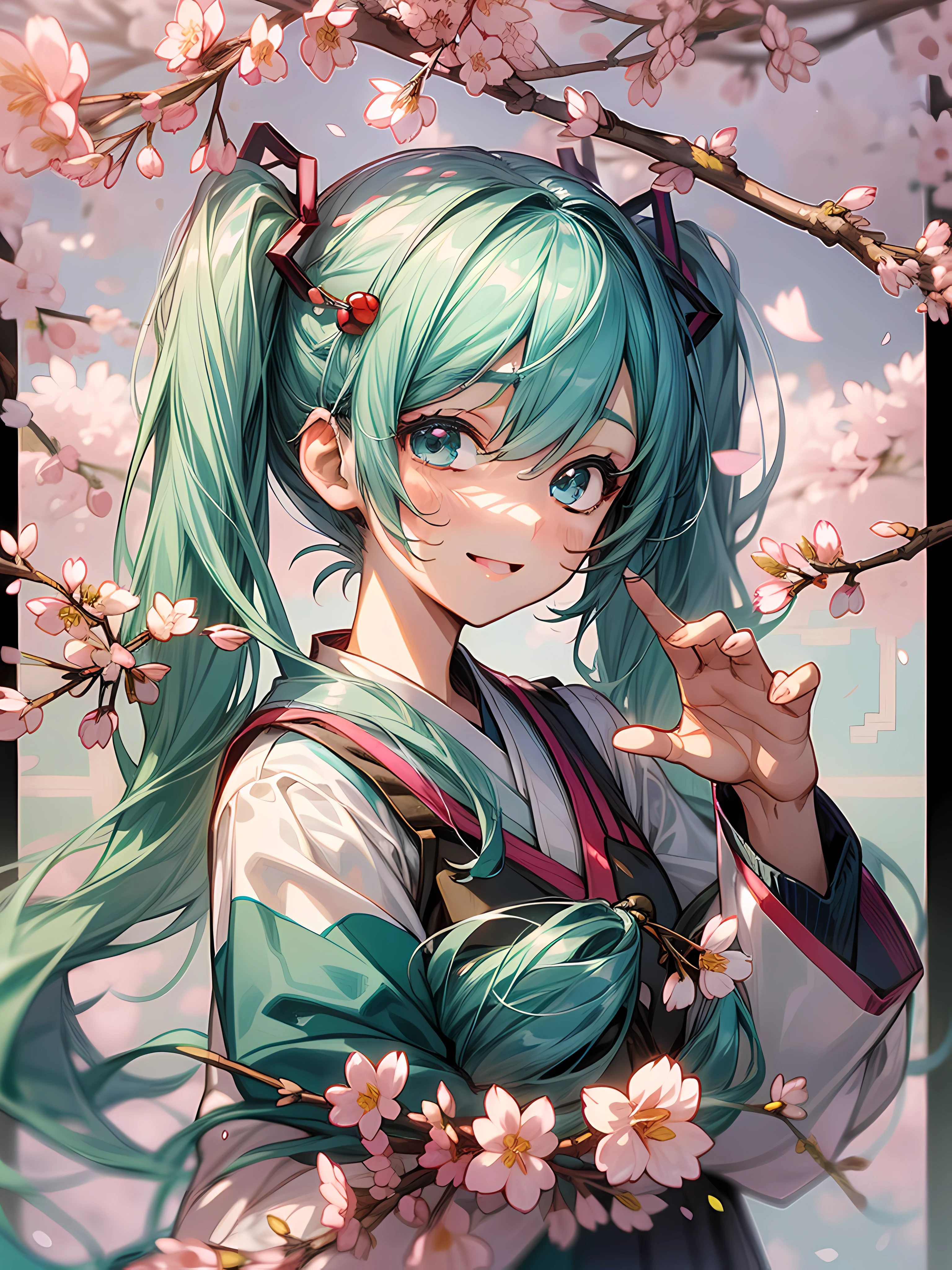 hatune miku, aqua hair, twin tails,((ultra-detailed)), ((illustration)), ((disheveled hair)), (beautiful detailed eyes), beautiful, amazing, detailed eyes, smile,waving,((in spring, cherry blosssom)), isometric