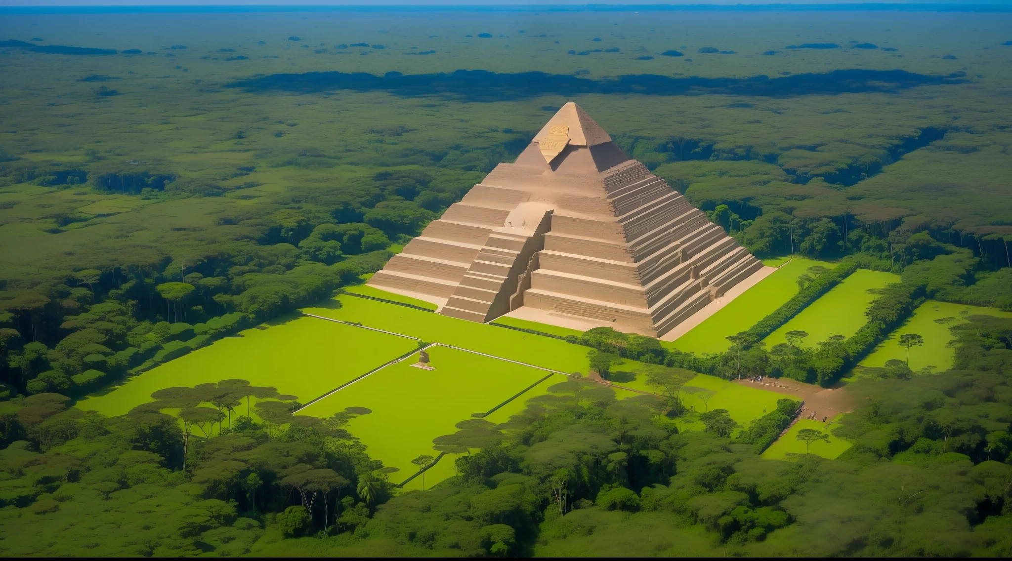 Pyramid and a sphinx in the Amazon rainforest seen from above