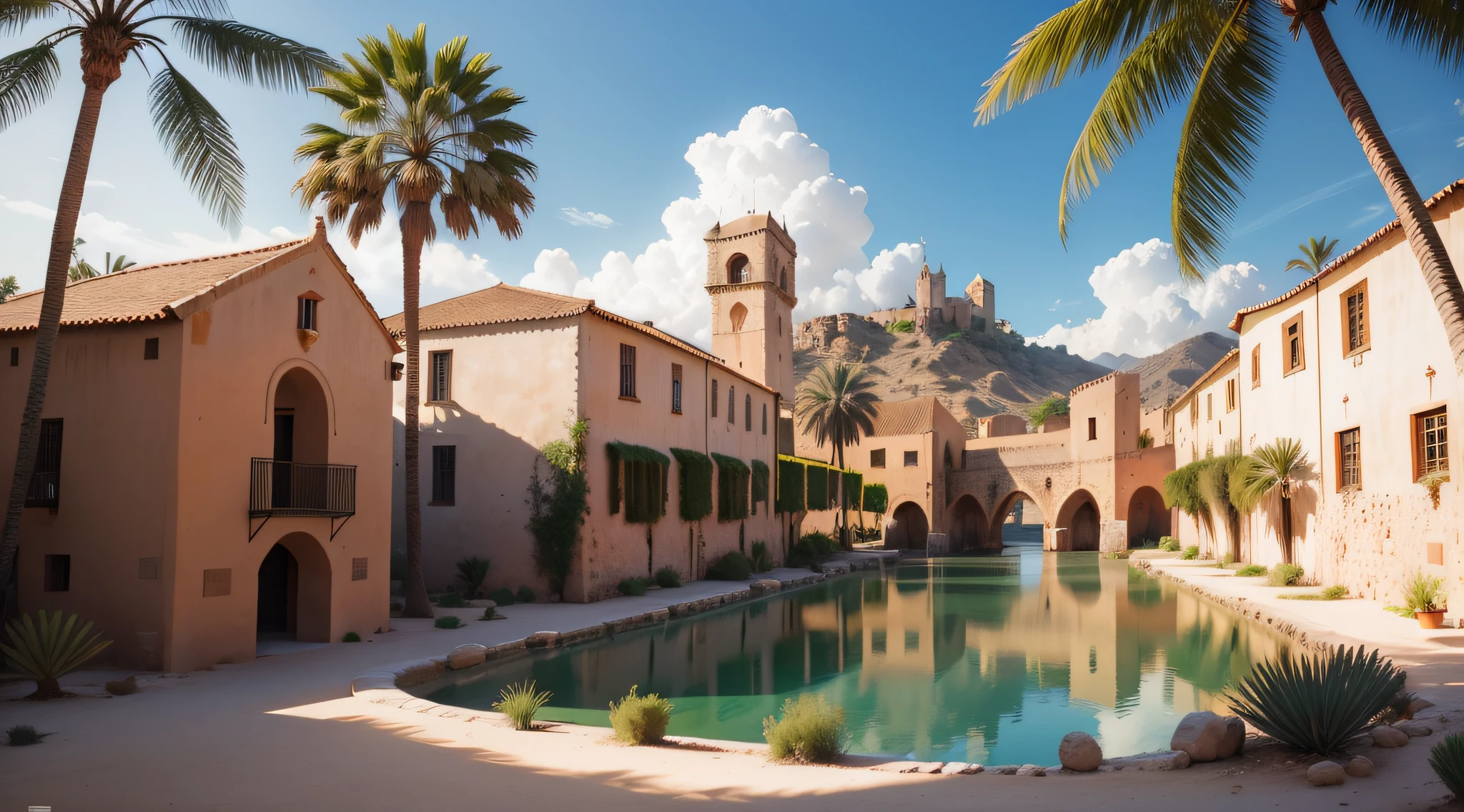 Medieval buildings in the middle of the desert, with palm trees around and dense vegetation, perto de um rio, lago, riacho