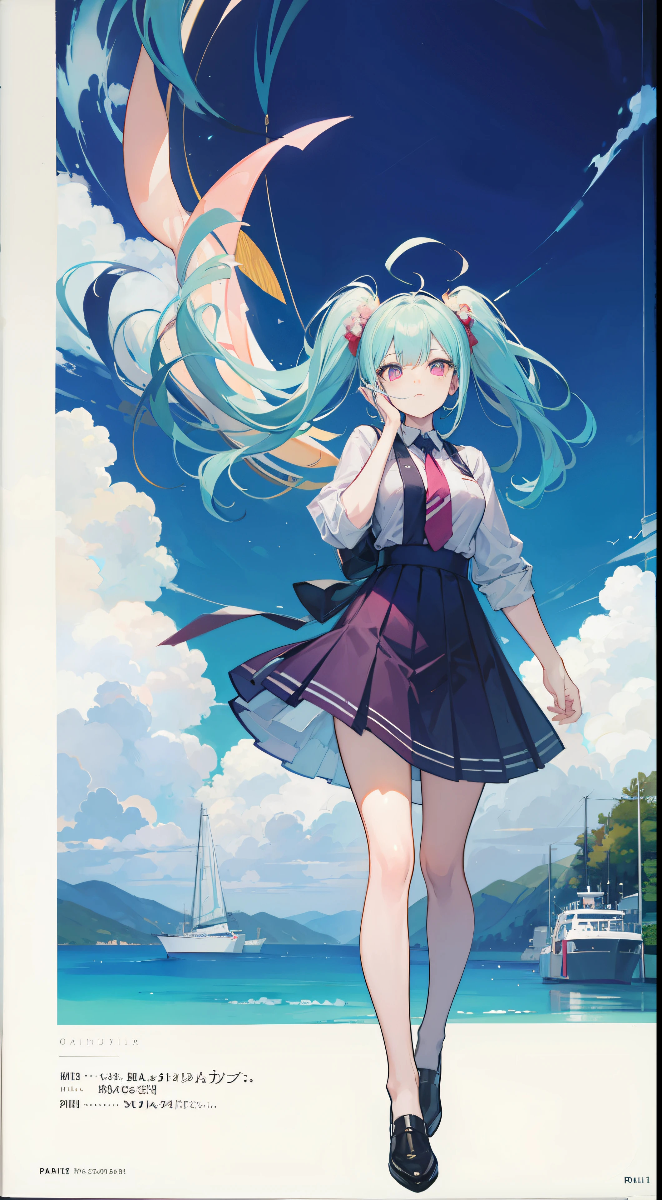 Against the wind。An anime character dressed in business clothes stands on a boat, Raise your left hand toward the telescope,concept art by Kamisaka Sekka, Pisif, Sots Art, ace attorney style, rimuru and milim, puce and vermillion, offcial art, vermillion and cyan, digital art from danganronpa, Clean background official character art