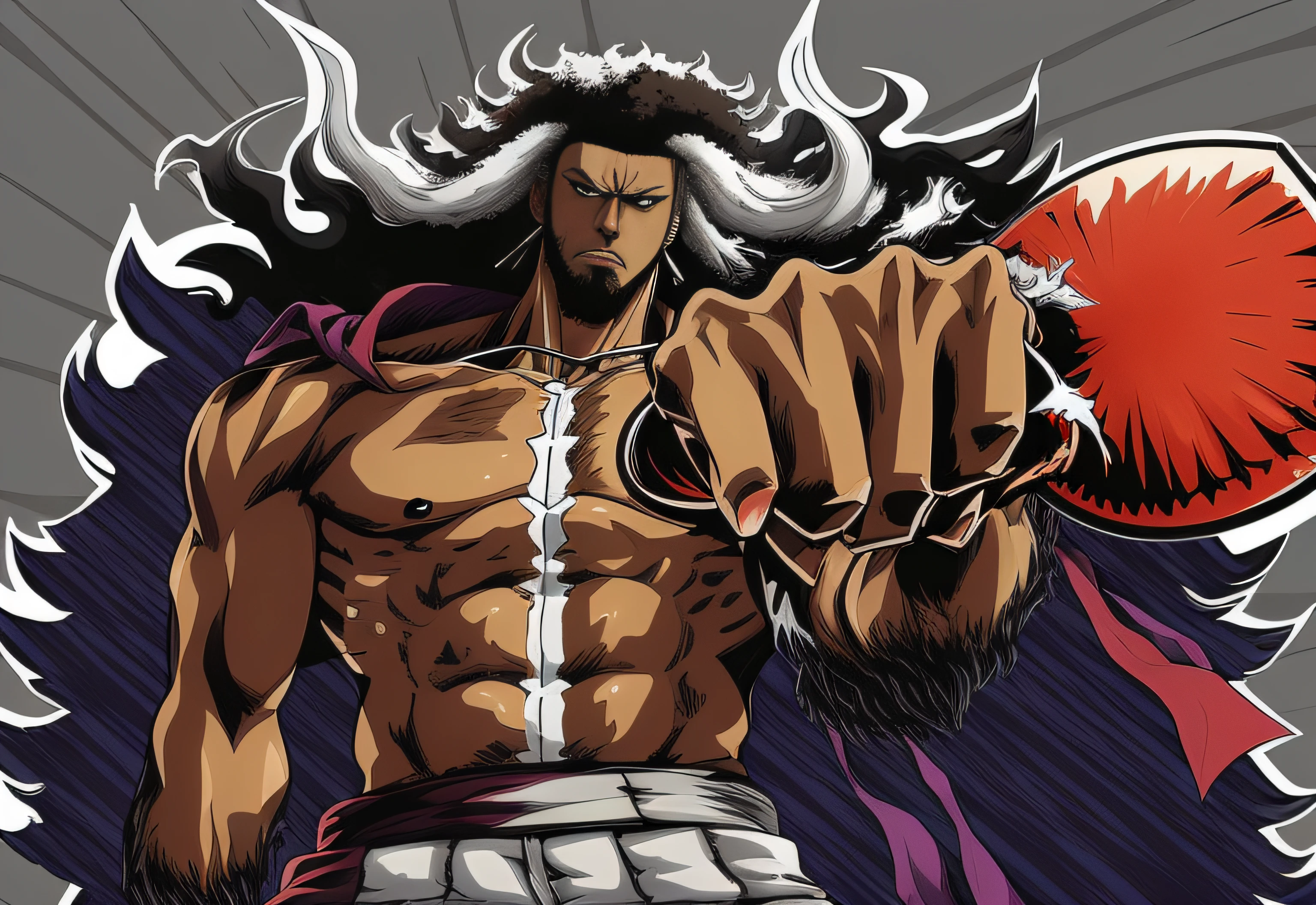 There is a drawing of a man holding a drink, fan art, Japanese manga style, estilo anime afro samurai, from one piece, as an ugly titan, epic full color illustration, tom de tela colorido, Ninja Scroll Estilo Anime, colored manga panel, Colorido digitalmente, Deus grego no estilo mecha, color digital illustration, afro samurai animes style, Kaidou