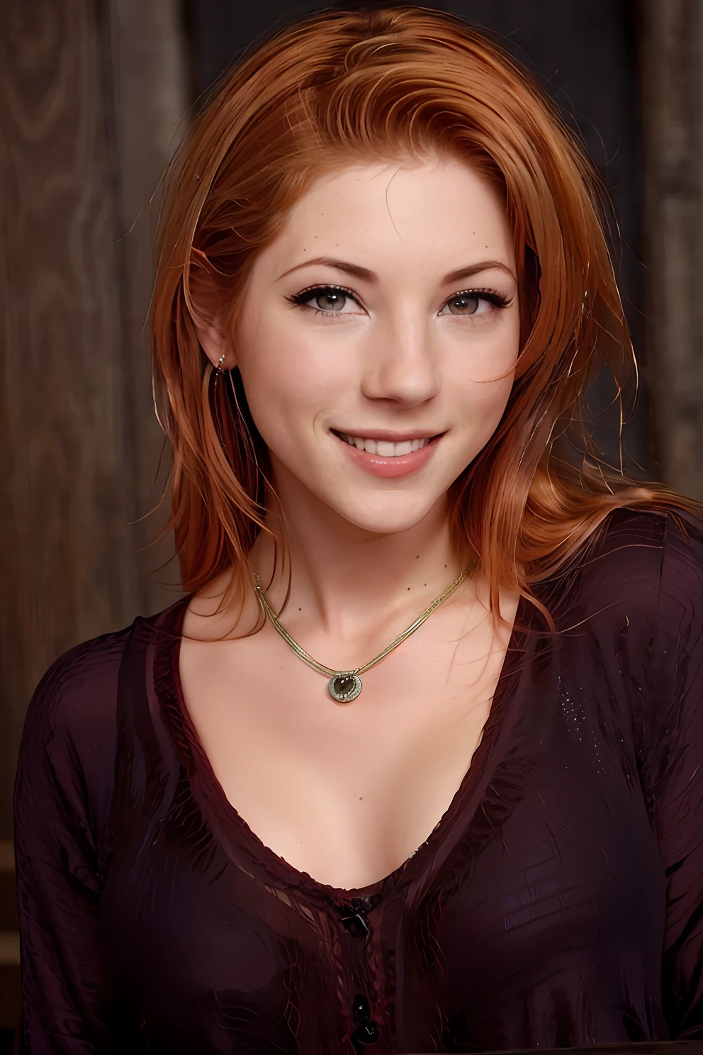 arafed woman with red hair and a necklace smiling at the camera, charmed sexy look, short copper hair, she is redhead, short red hair, short redhead, promo shot, taken in the 2000s, set in 1999, in her early 3 0, taken in the mid 2000s, promotional picture, green eyes, passport photo