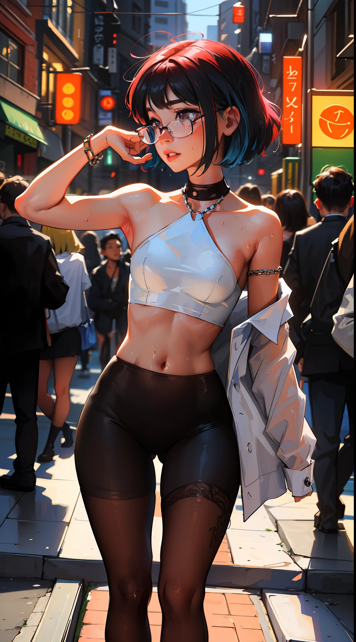 ((medium breasts, cute girl, small head, multicolored bright hair)), daylight, sunshine, (sexy little belly: 1.1), (perfect body: 1.1) , (short hair: 1.5), bob haircut, glasses, collar, chain, full body shot, crowded streets, nude, naked, pink nipples, sweating, sweat, wet body (very detailed CG 8k wallpaper), (extremely delicate and beautiful), (masterpiece), (Best Quality: 1.0), (Ultra High Resolution: 1.0), Beautiful Lighting, Perfect Lightning, Realistic Shadows, [High Resolution], Detailed Skin, Super Delicate body, photoshoot pose, dynamic pose