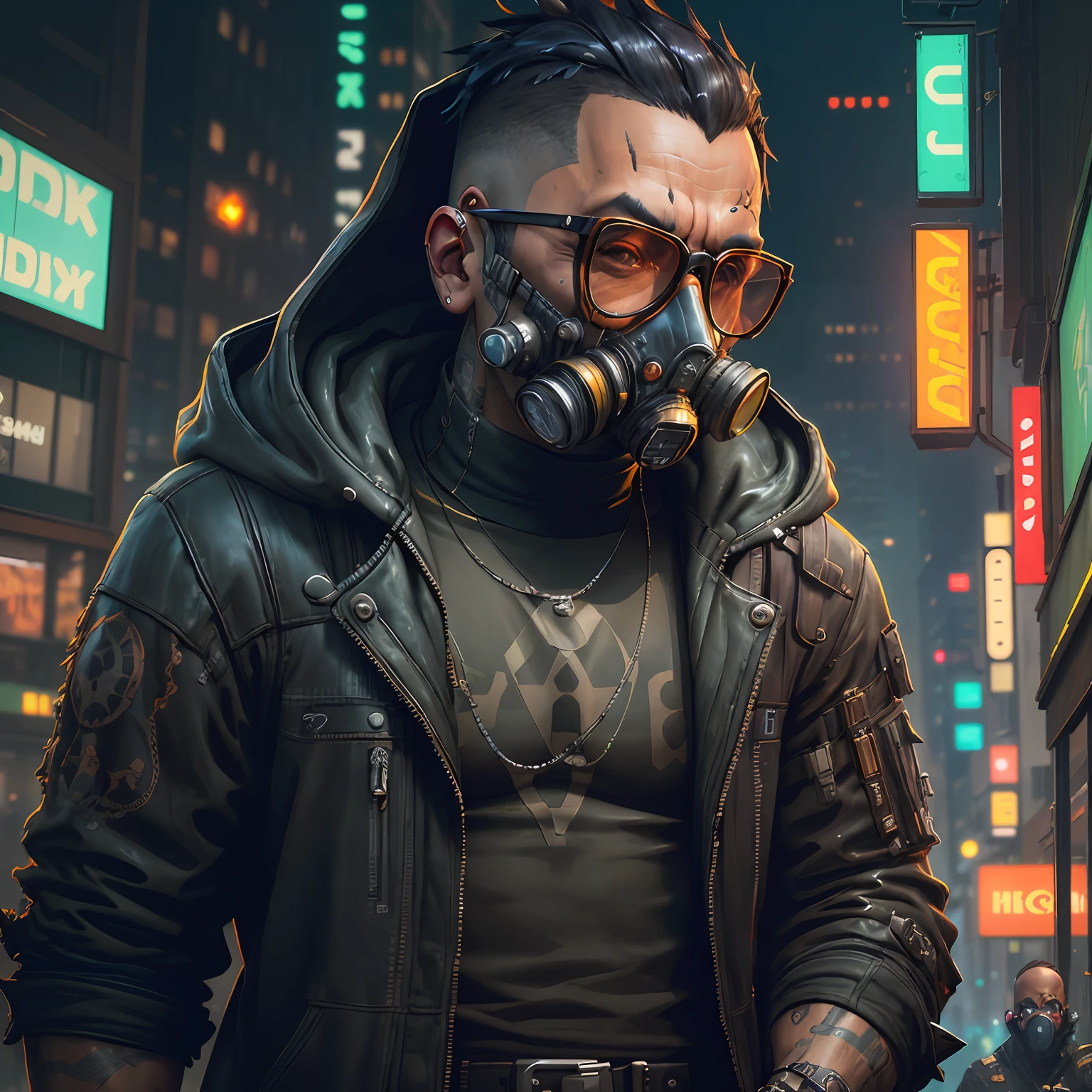 Arafed man in a gas mask with a hood and glasses in the city, wojtek fus, cyberpunk digital painting, cyberpunk character art, cyberpunk portrait, Epic sci-fi character art, Epic sci-fi character graphics, cyberpunk portrait, cyberpunk character, dark cyberpunk illustration, andreas rocha style, Epic sci-fi character art, Cyberpunk street thug, Cyberpunk Dude