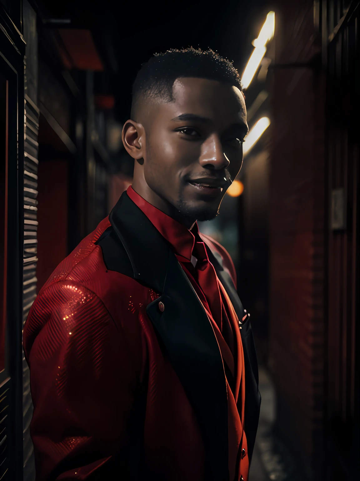 (Character: one Nigerian man, Diplomat, big smile, black skin, short hair)
(Clothing: red fine suit, vest)
(red color scheme, close-up, portrait)
(Background: dark alley at night:1.3, intense urban lights in background, dark, ominous)
(Style: ((masterpiece:1.5)), (face detailed), photo-realistic:1.3, hyperrealistic, , high contrast, shiny skin, soft lighting, backlighting, bloom, light sparkles, chromatic aberration,)