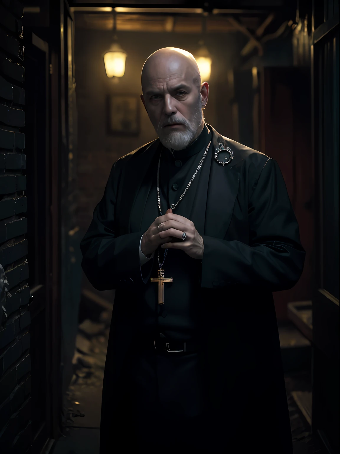 (Character: one italian man, 70 years old, exorcist, ,bald, beard)
(Clothing: black Priest's vest, hold a wooden rosary)
(black color scheme, close-up, portrait)
(Background: dark alley at night:1.3, intense urban lights in background, dark, ominous)
(Style: ((masterpiece:1.5)), (face detailed), photo-realistic:1.3, hyperrealistic, , high contrast, shiny skin, soft lighting, backlighting, bloom, light sparkles, chromatic aberration,)