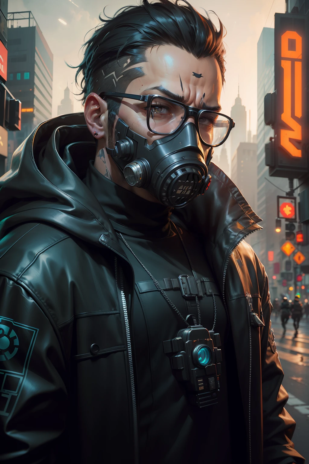Arafed man in a gas mask with a hood and glasses in the city, wojtek fus, cyberpunk digital painting, cyberpunk character art, cyberpunk portrait, Epic sci-fi character art, Epic sci-fi character graphics, cyberpunk portrait, cyberpunk character, dark cyberpunk illustration, andreas rocha style, Epic sci-fi character art, Cyberpunk street thug, Cyberpunk Dude