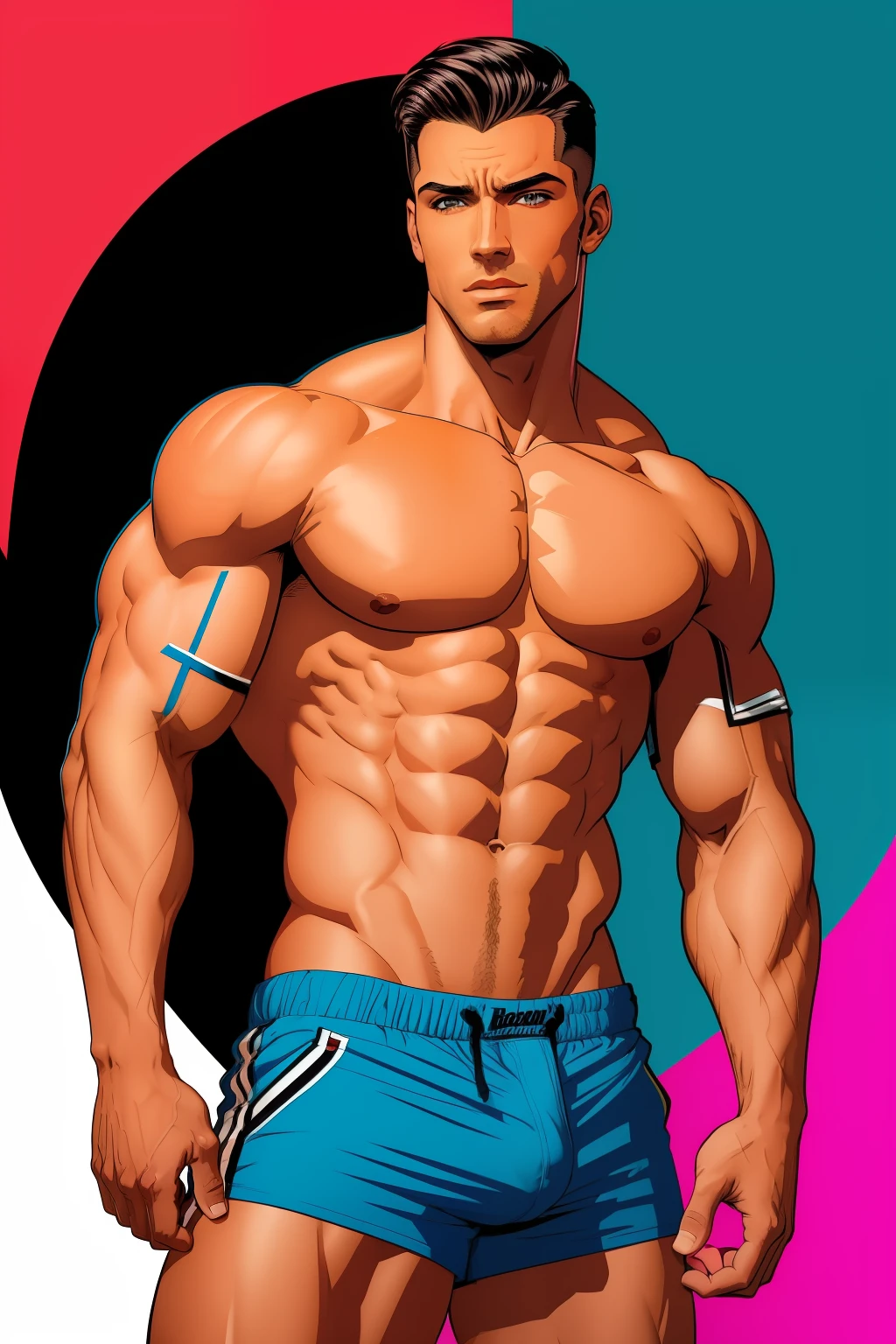 A striking pop art illustration featuring a handsome, muscular man, shirtless and wearing only shorts. His shorts are clinging due to the prominent bulge of his penis. In the background, stunning women look at the man with eyes filled with desire and passion. The illustration is elaborated in a pop art style with more subtle tones, using colors like Blue, black and white.