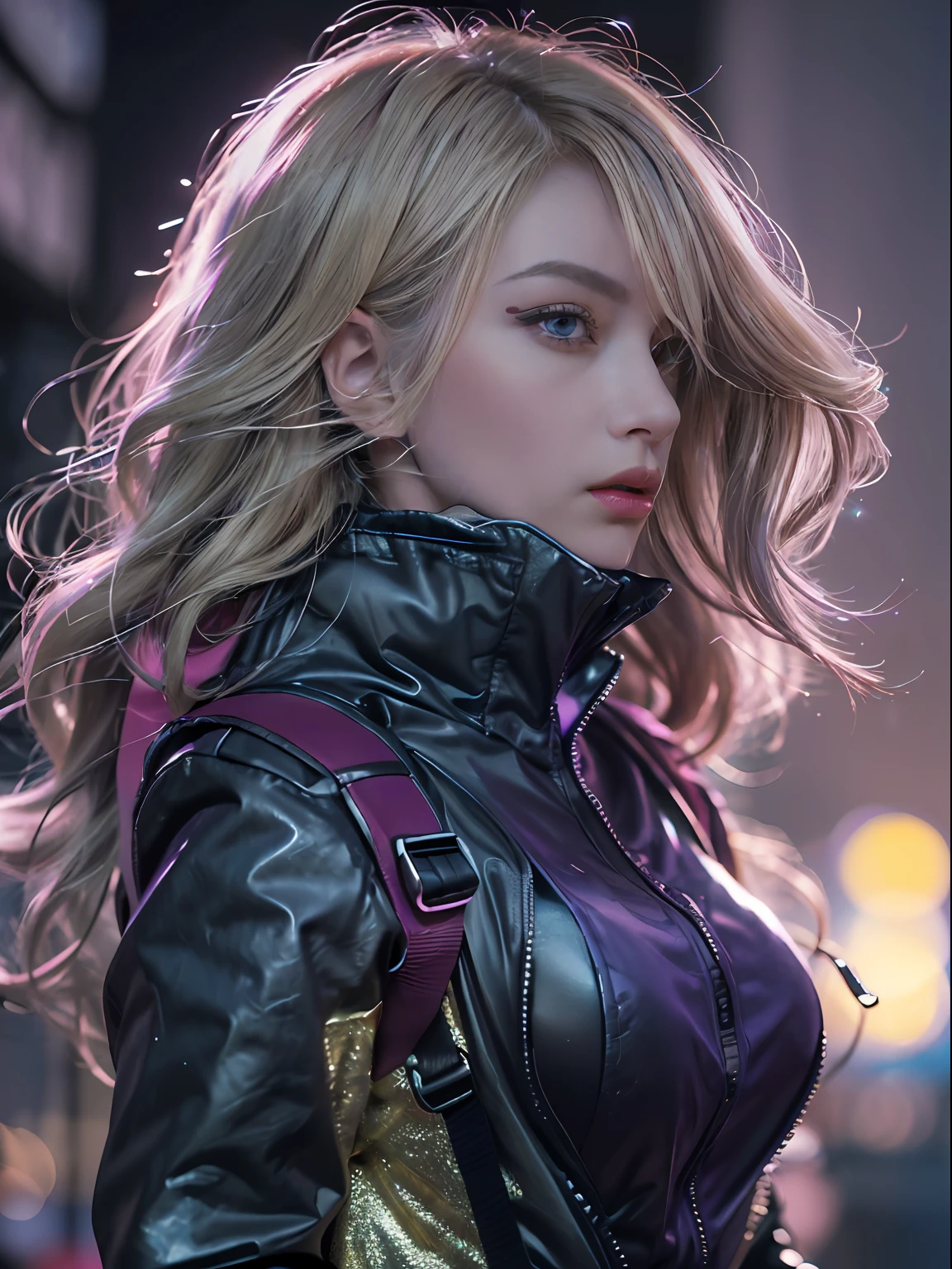 (Character: one russian woman, blonde long wave hair, hair, lean body, tall)
(Clothing: purple jacket, futuristic jumpsuit, backpack,arm holster, knee pad)
(purple color scheme, close-up, portrait)
(Background: dark alley at night:1.3, intense urban lights in background, dark, ominous)
(Style: ((masterpiece:1.5)), (face detailed), photo-realistic:1.3, hyperrealistic, , high contrast, shiny skin, soft lighting, backlighting, bloom, light sparkles, chromatic aberration,)